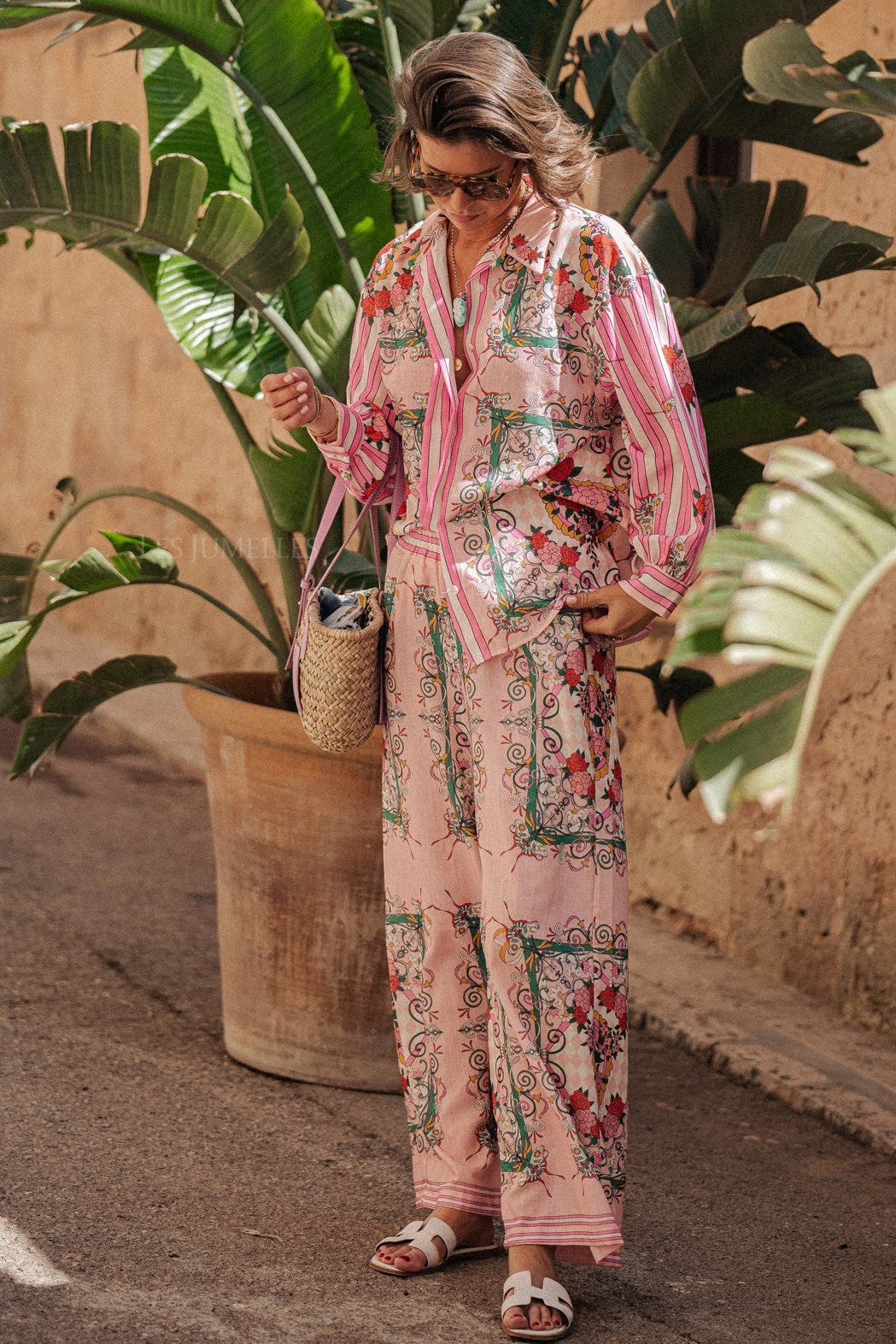 Floral Bottom Long Sleeve Top & Mid Waist Wide Leg Pants Set