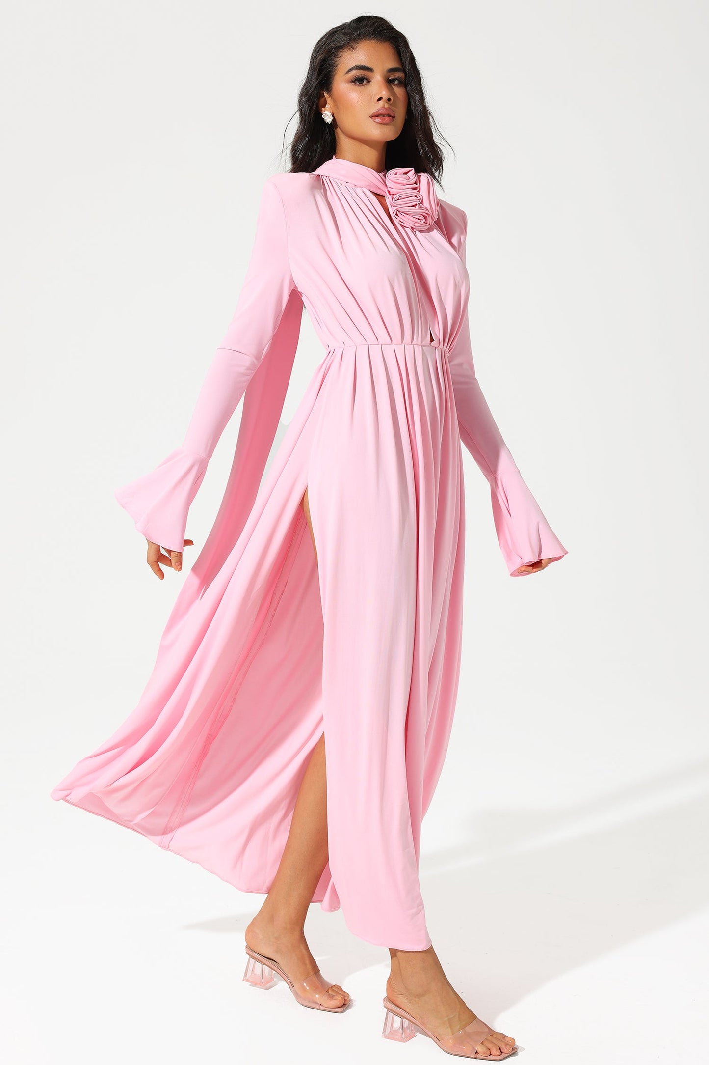 Lantern Sleeve High Collar Flower Slit Midi Dress Pink