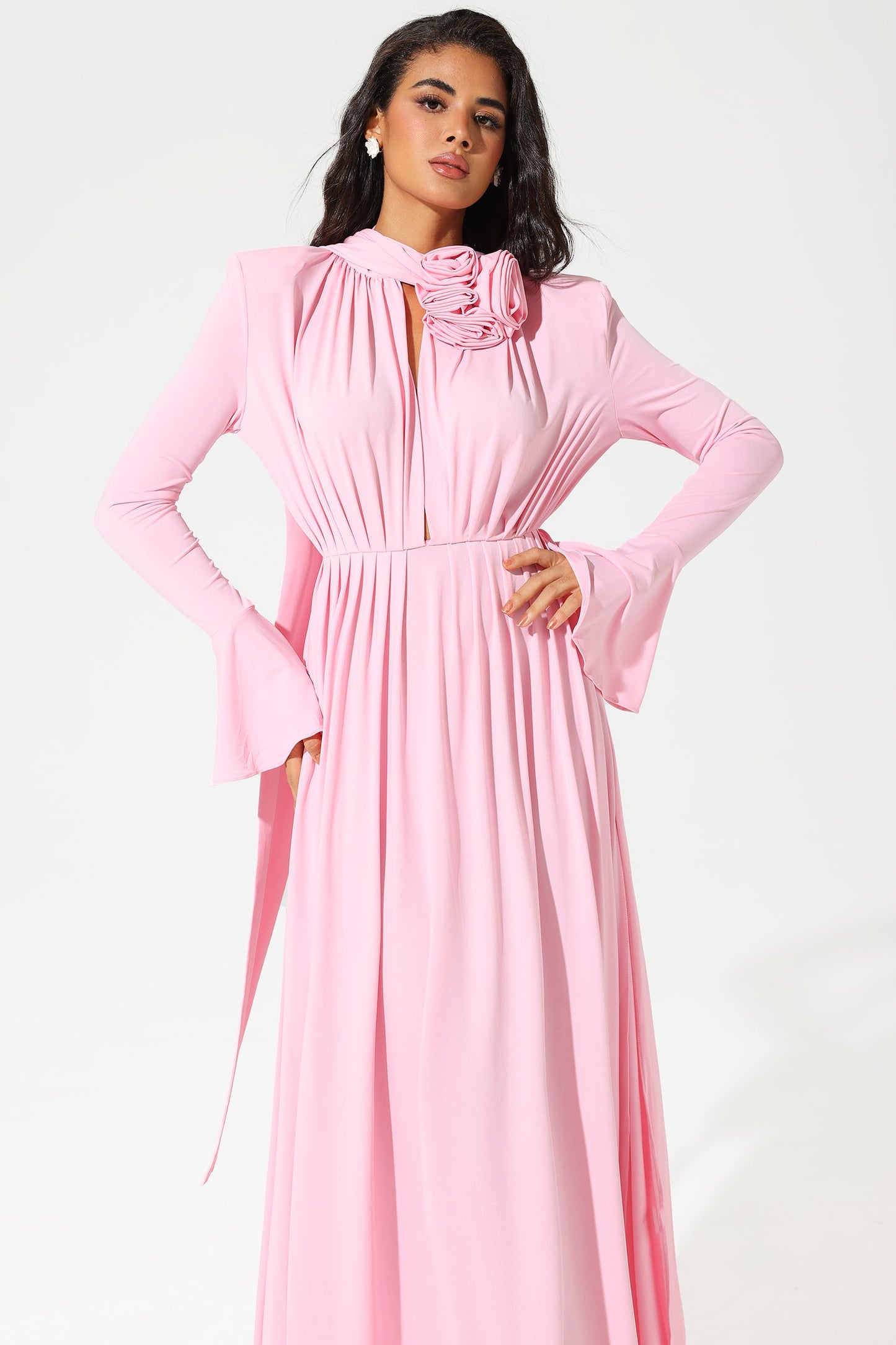 Lantern Sleeve High Collar Flower Slit Midi Dress Pink