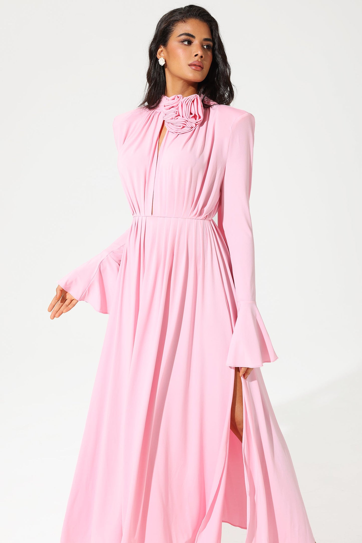 Lantern Sleeve High Collar Flower Slit Midi Dress Pink
