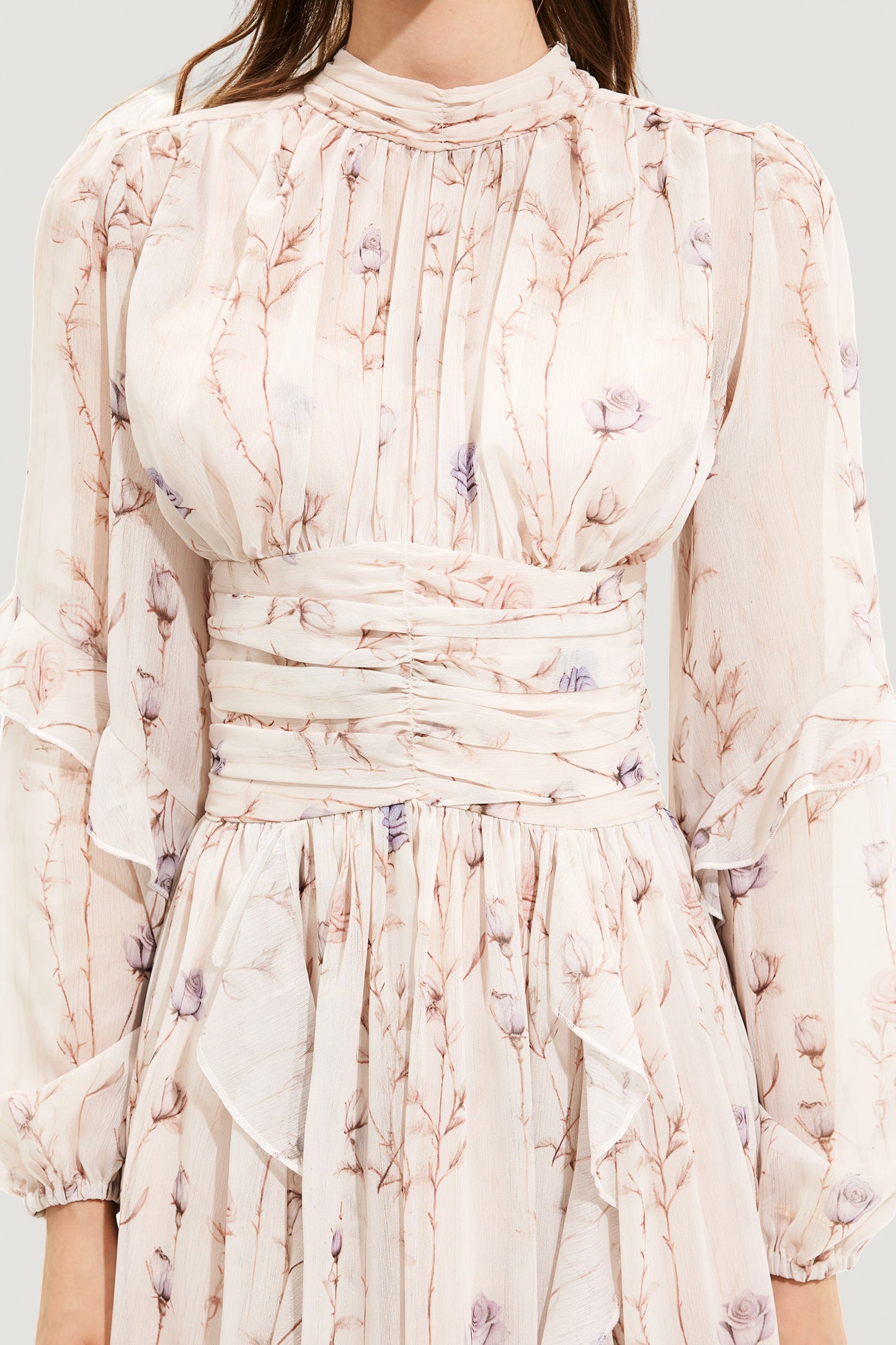 Floral Round Neck Puff Sleeve Midi Dress