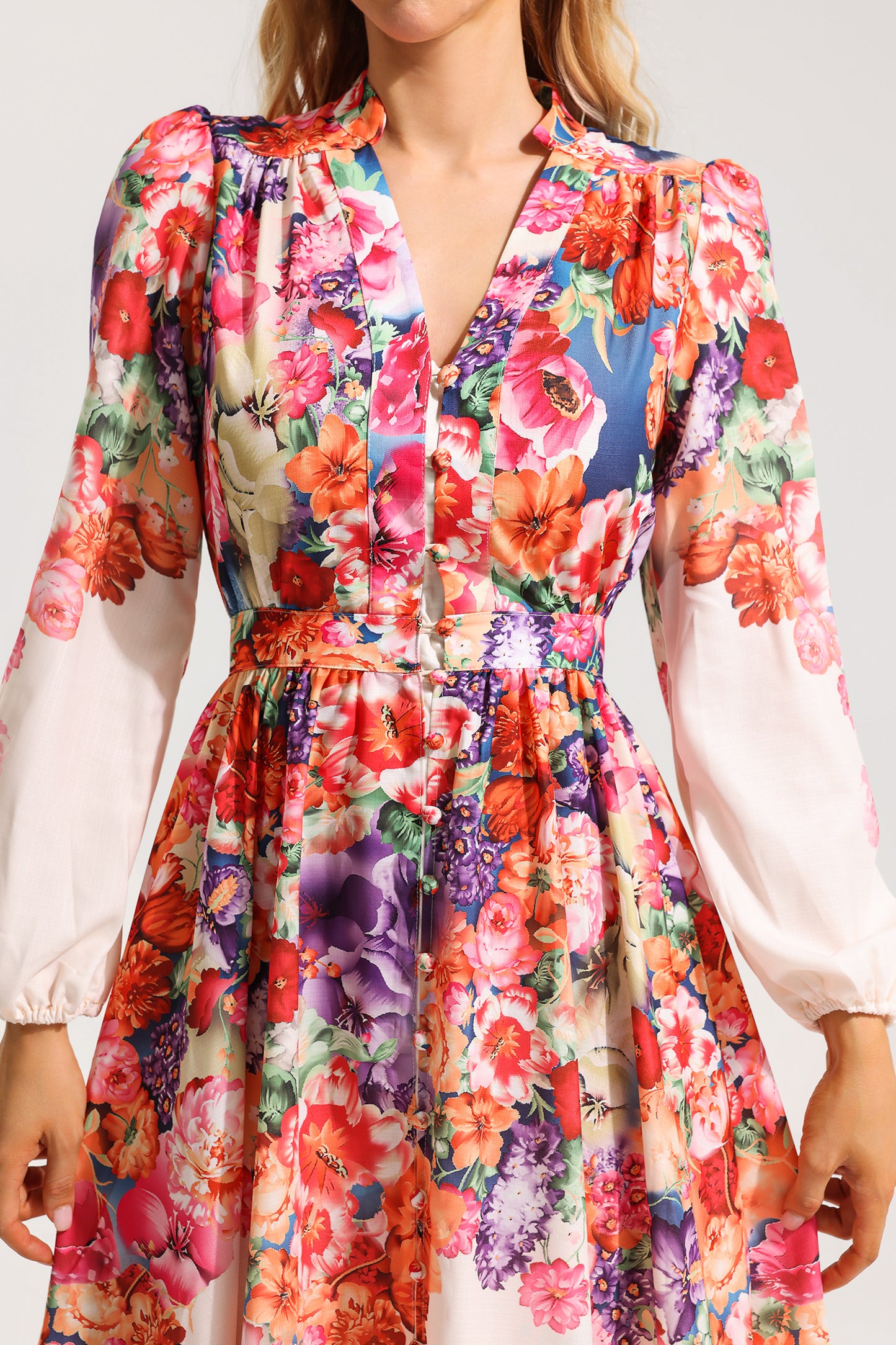 Floral Lantern Sleeve Midi Dress