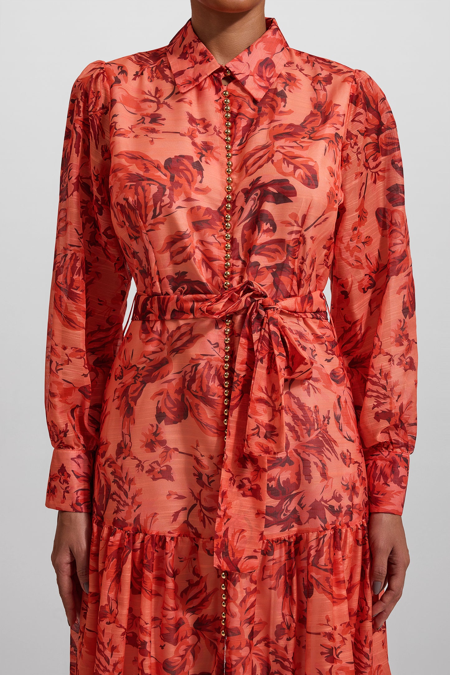 Floral Lantern Sleeve Metal Bottom Midi Dress With Belt