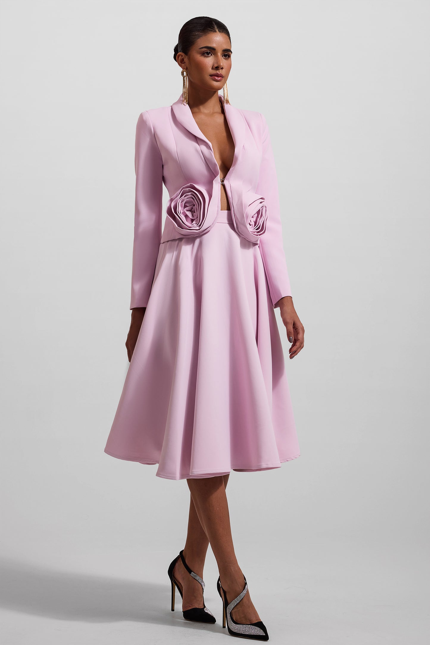 3D Floral Solid Blazer & High Waist Solid Midi Skirt Set