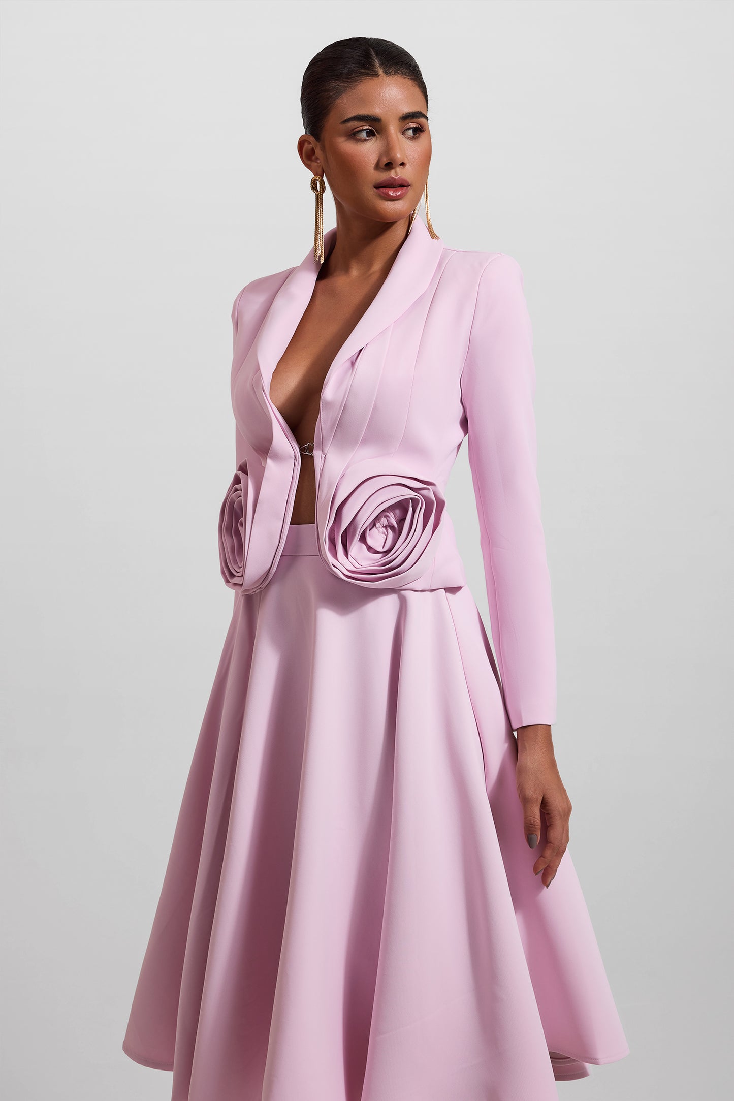 3D Floral Solid Blazer & High Waist Solid Midi Skirt Set