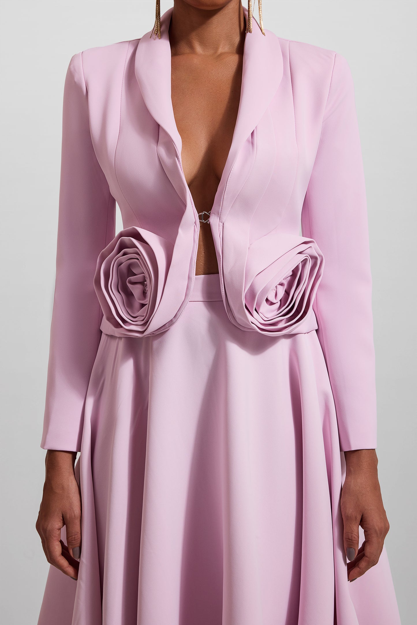 3D Floral Solid Blazer & High Waist Solid Midi Skirt Set