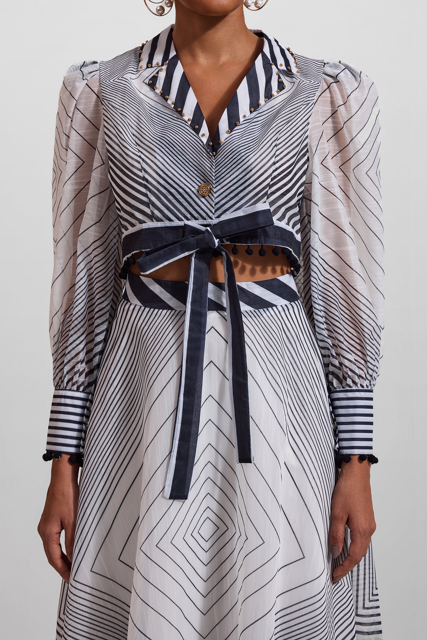 Stripe Lace Up Long Sleeve Top & Mid Waist Pleat Midi Skirt Set