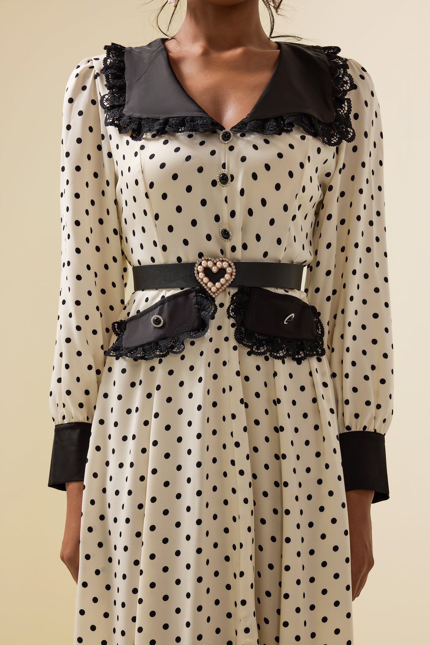 Polka Dot Lace Lantern Sleeve Midi Dress With Belt