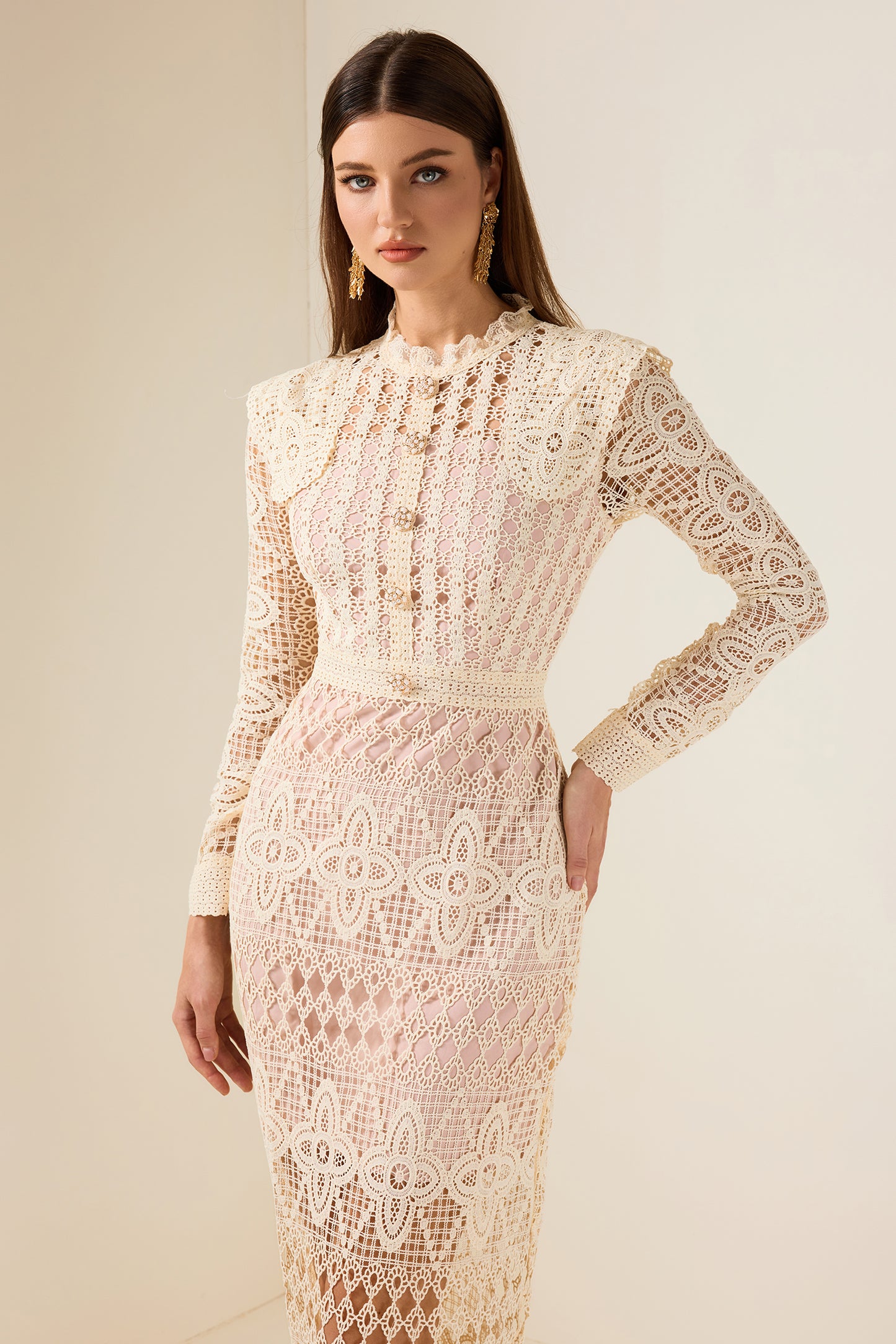 Lace Faux Pearl Button Long Sleeve Midi Dress