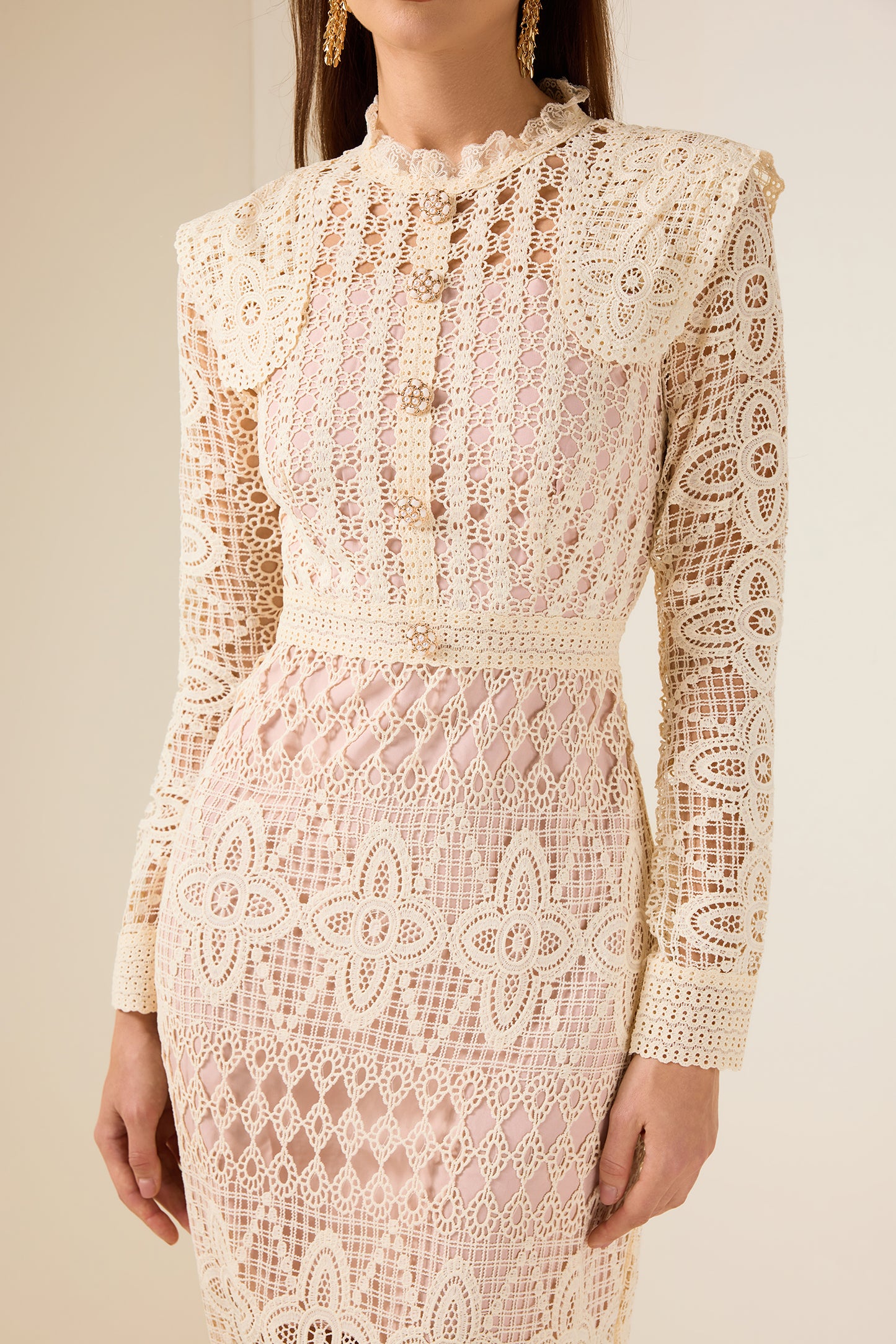 Lace Faux Pearl Button Long Sleeve Midi Dress