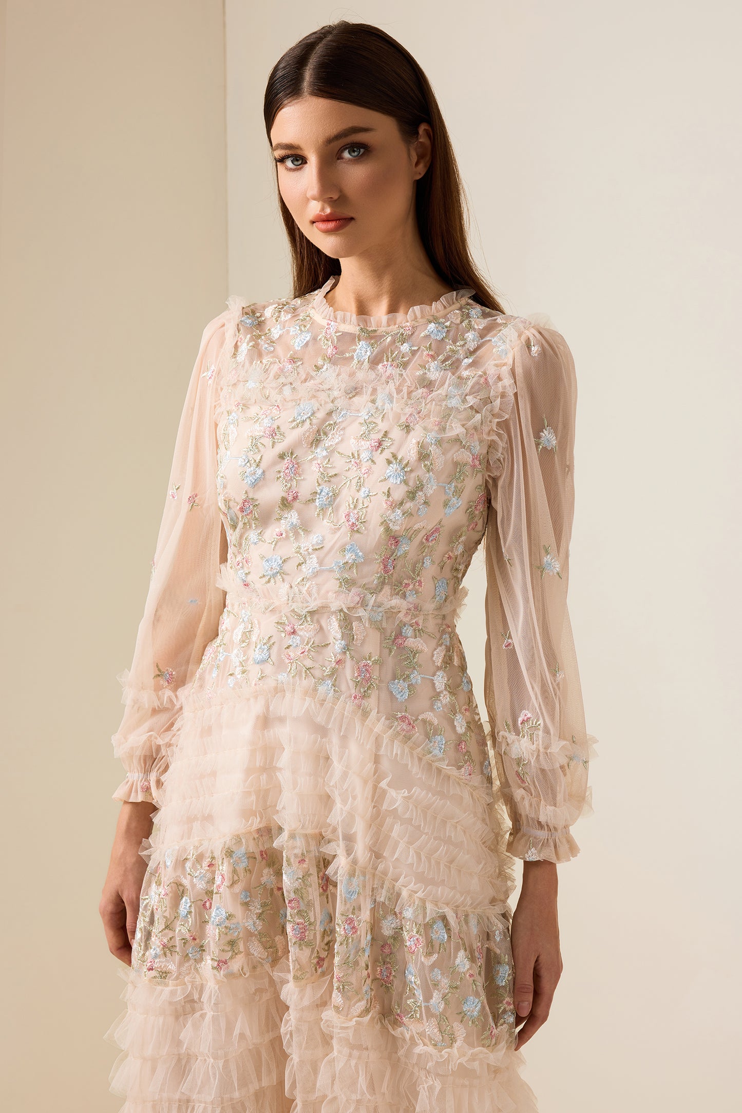 Mesh Embroidered Frill Midi Dress