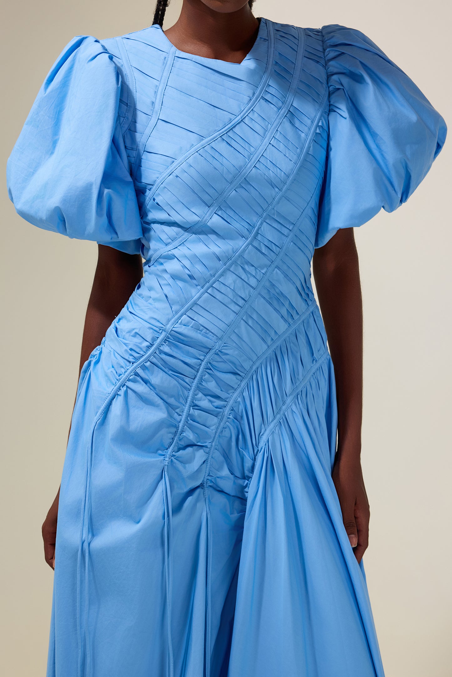 Shirring Round Neck Puff Sleeve Midi Dress