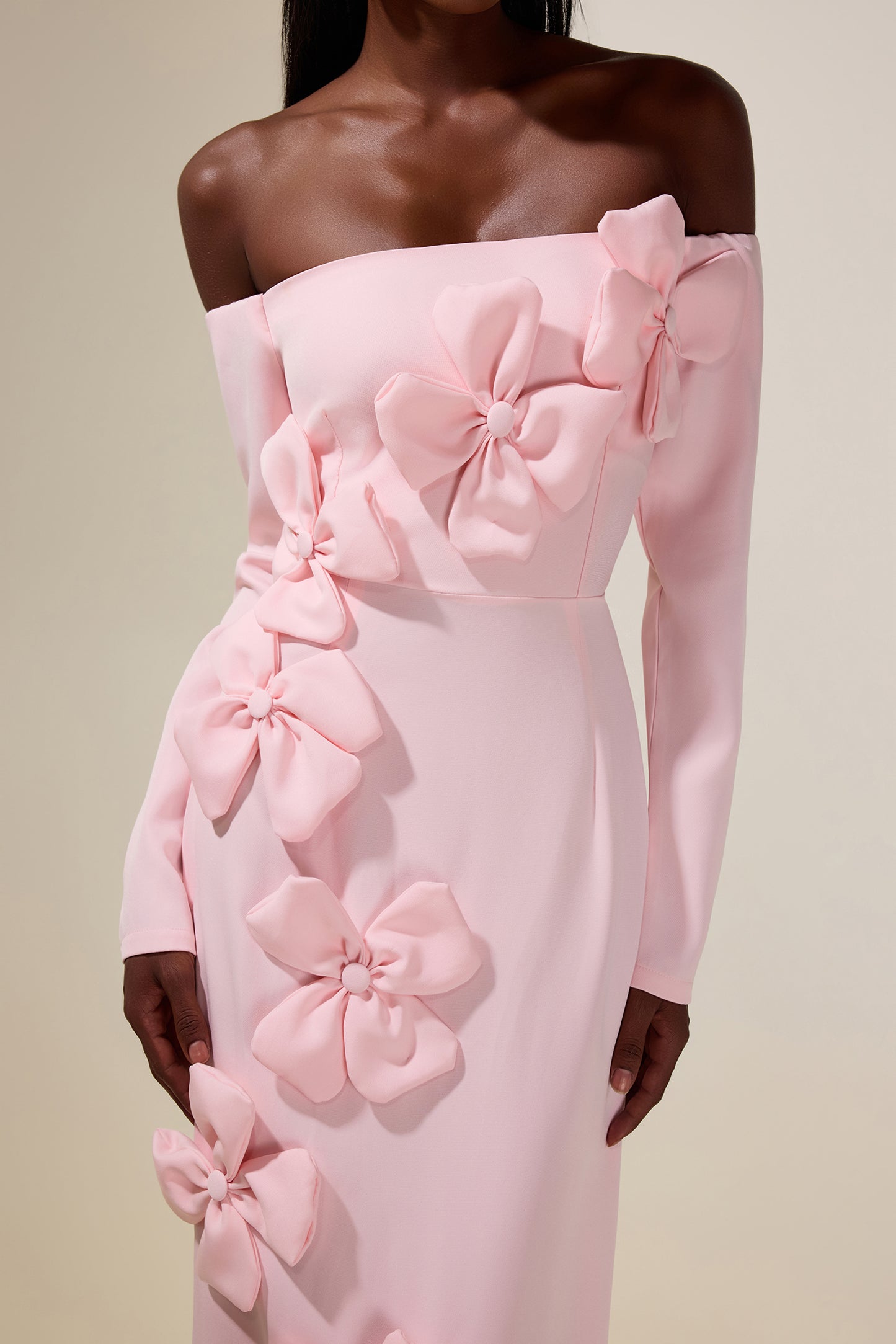 Solid 3D Flower Off-Shoulder Midi Dress