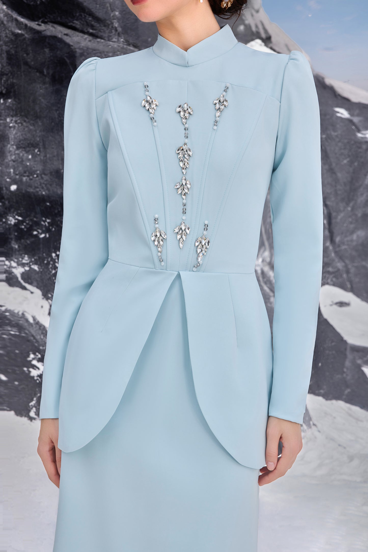 Solid Stand Collar Rhinestone Maxi Dress