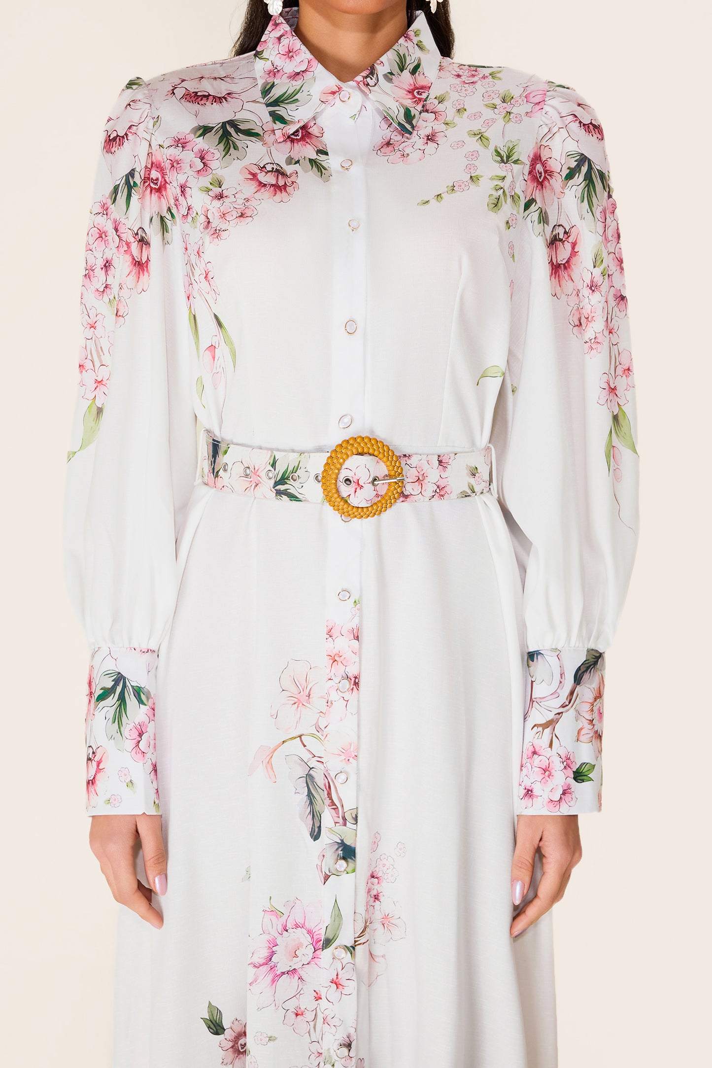 Floral Lantern Sleeve Midi Dress With Belt