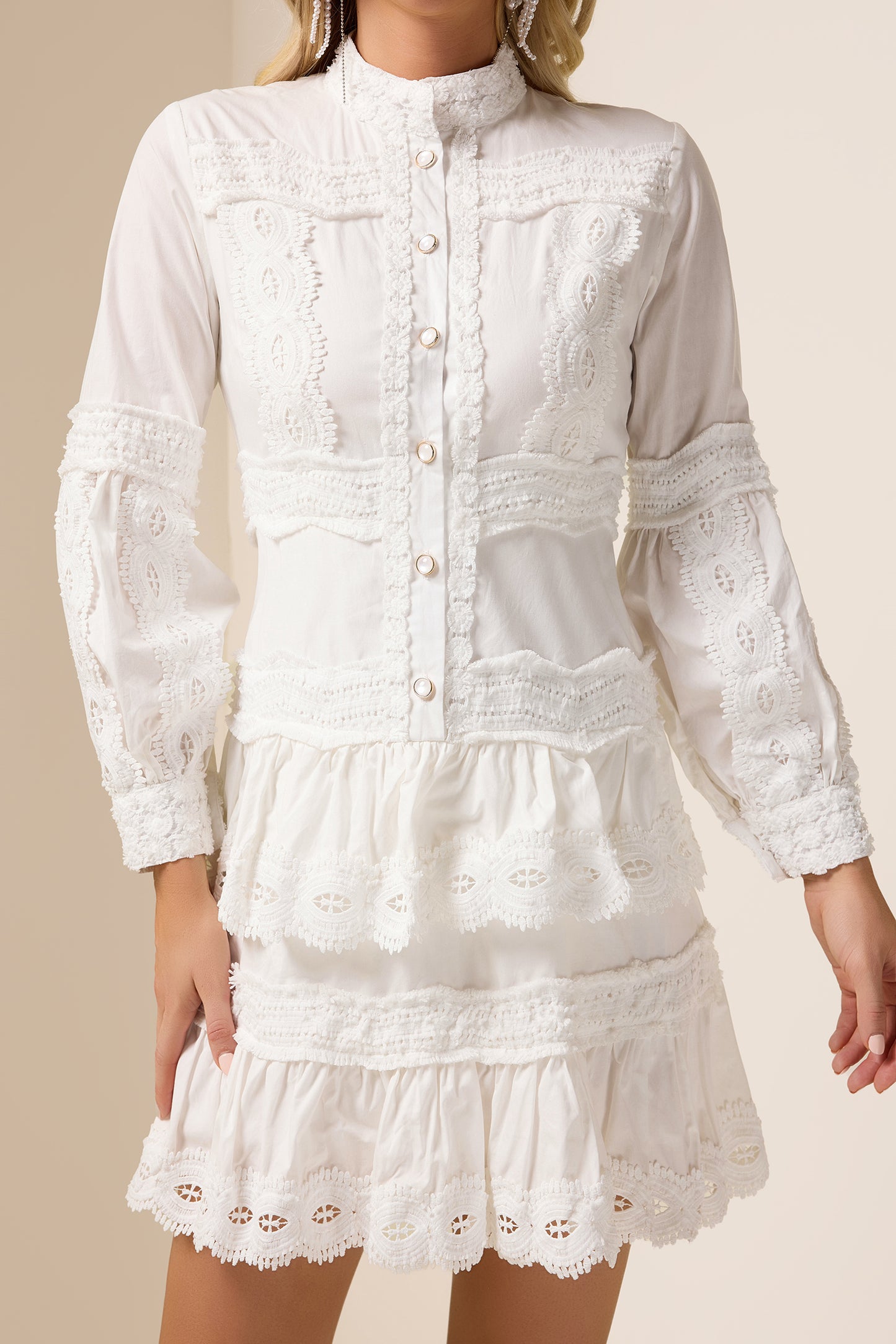 Solid Lace Ruffle Lantern Sleeve Mini Dress