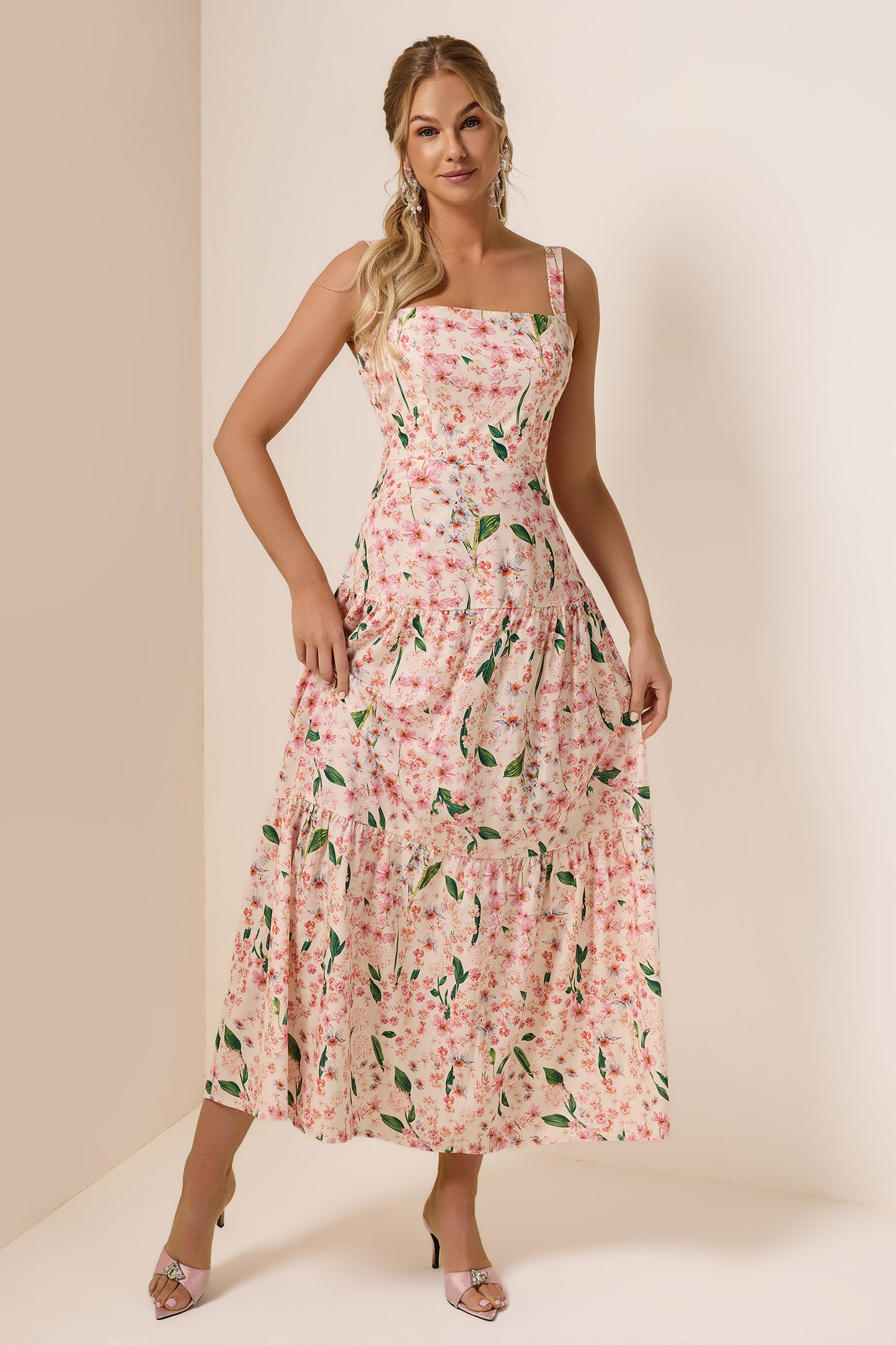 Floral Square Collar Sleeveless Maxi Dress