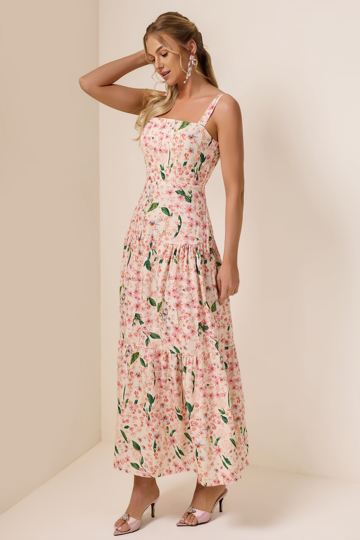 Floral Square Collar Sleeveless Maxi Dress