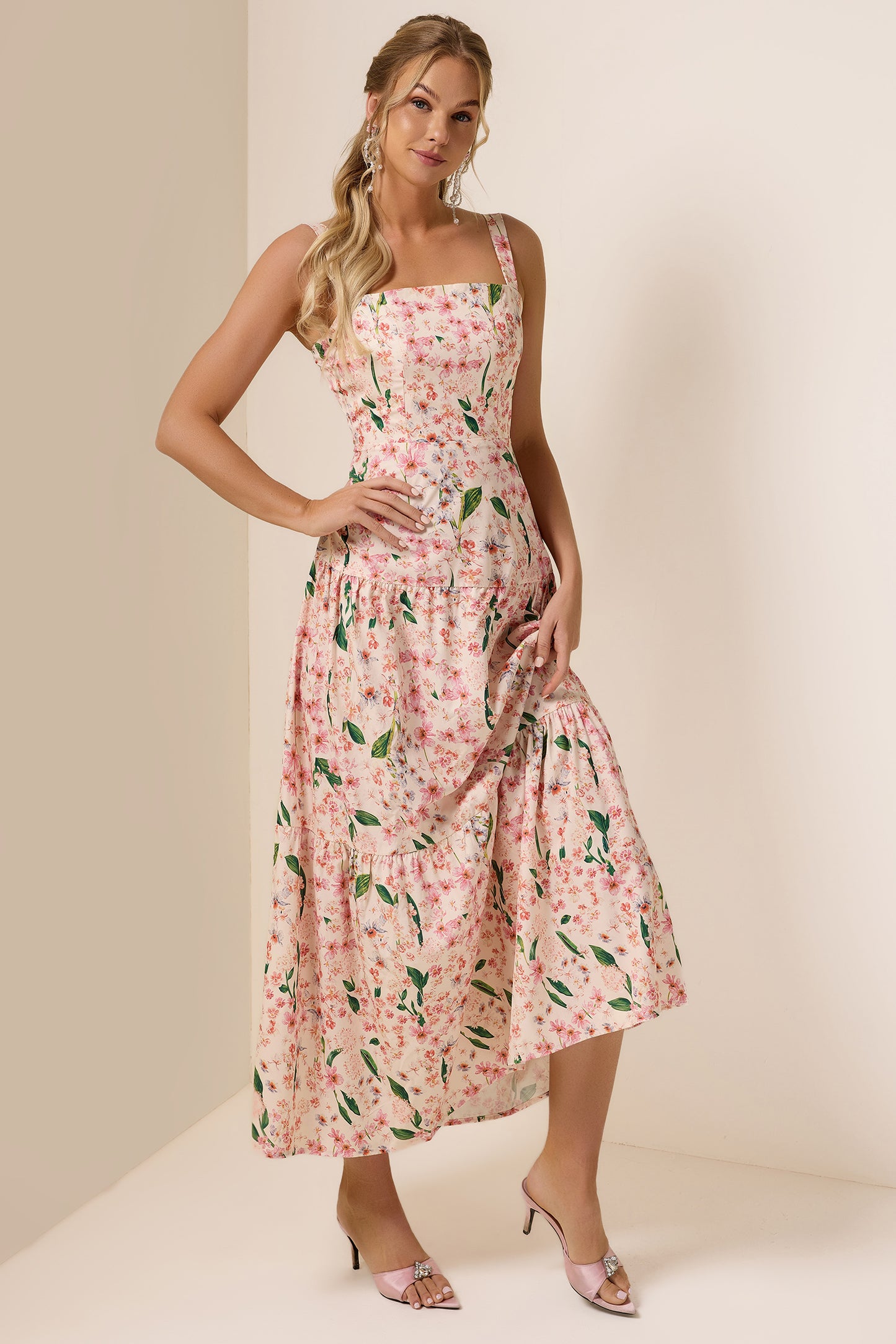 Floral Square Collar Sleeveless Maxi Dress