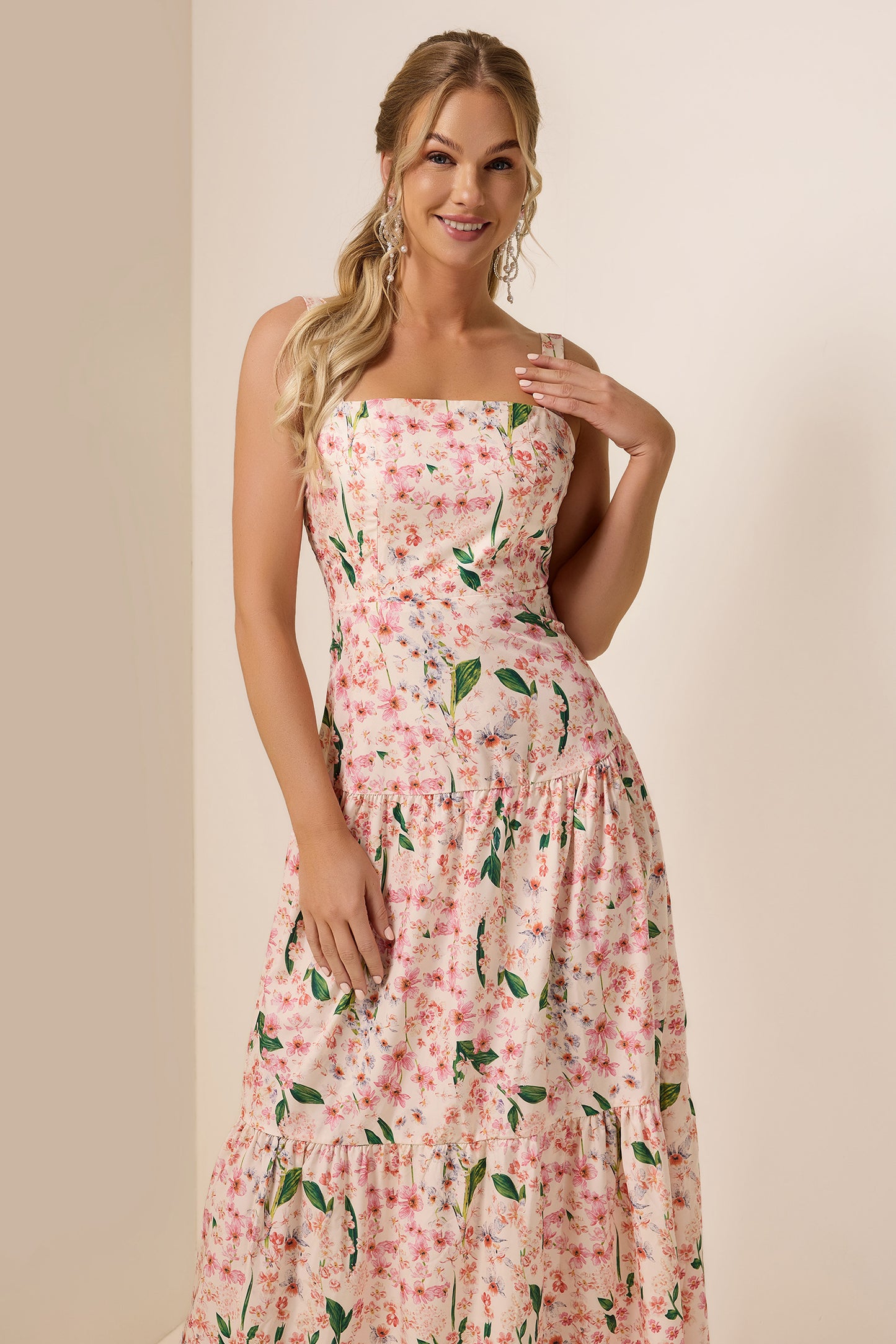 Floral Square Collar Sleeveless Maxi Dress