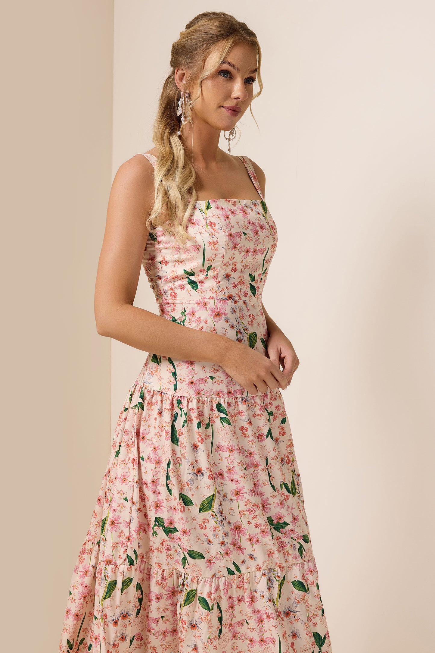 Floral Square Collar Sleeveless Maxi Dress