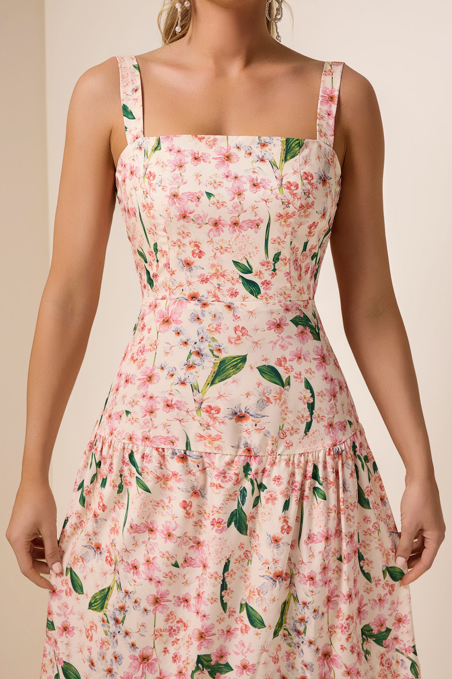 Floral Square Collar Sleeveless Maxi Dress