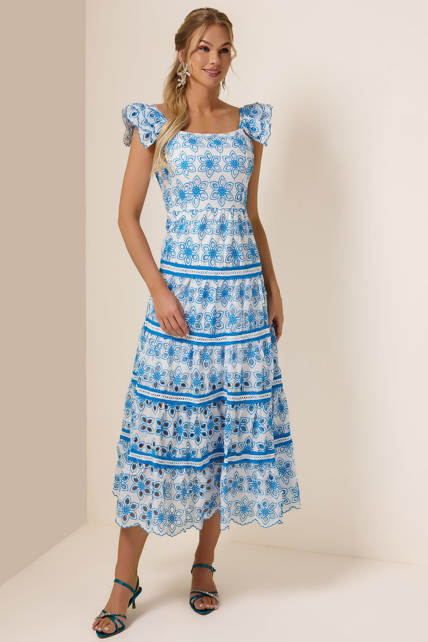 Embroidered Smocking Square Collar Maxi Dress