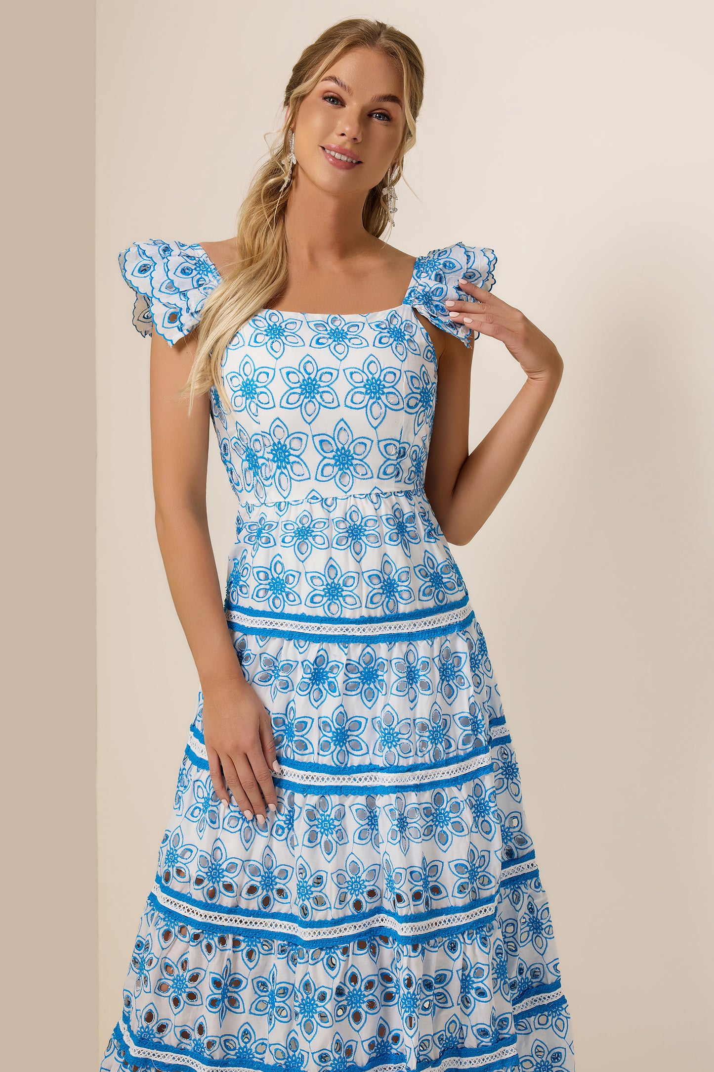 Embroidered Smocking Square Collar Maxi Dress