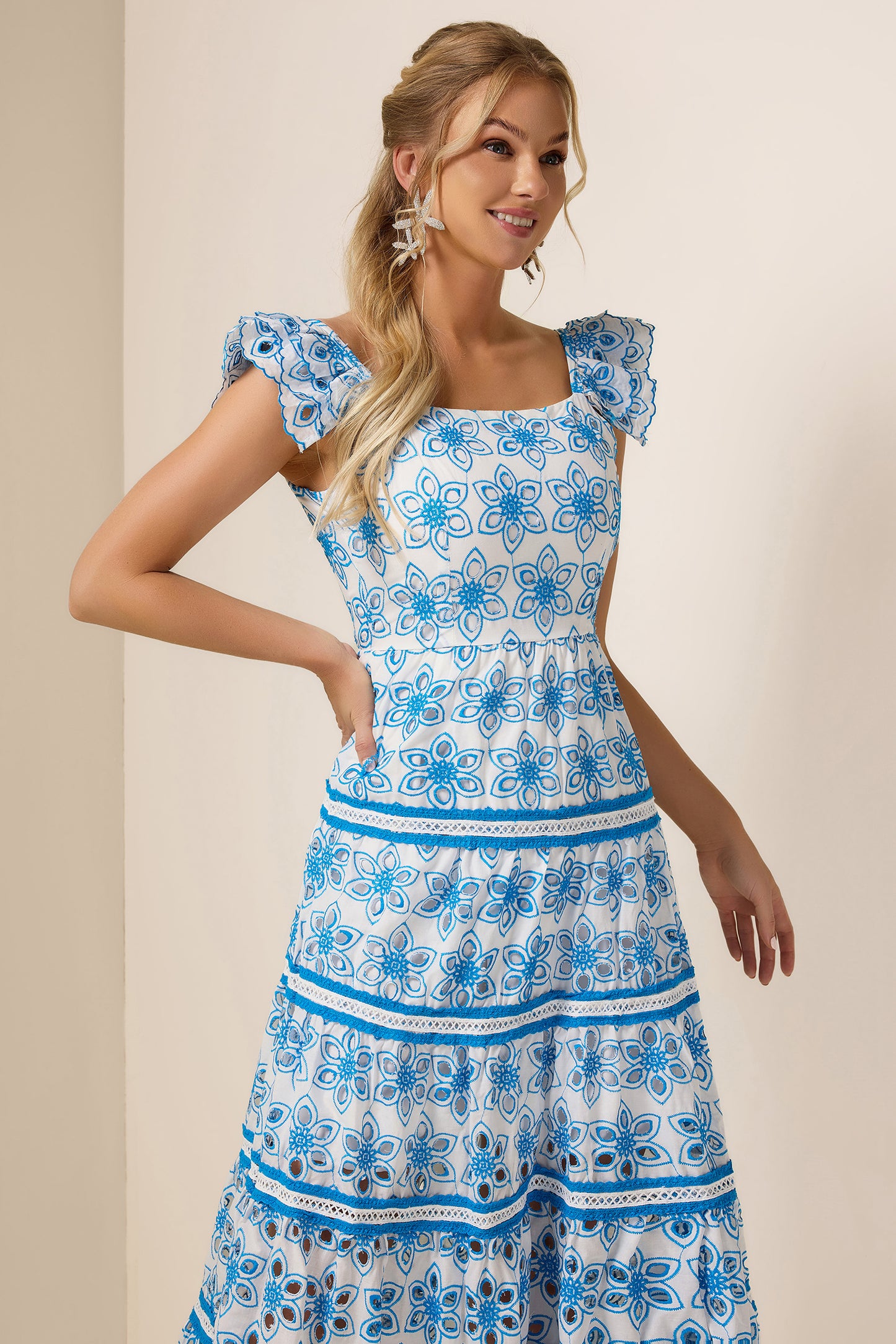 Embroidered Smocking Square Collar Maxi Dress
