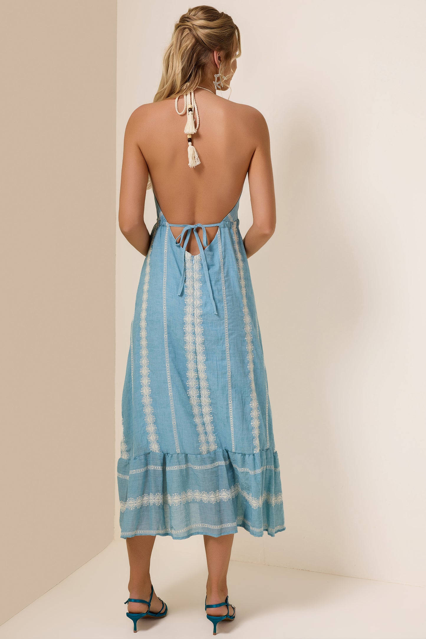 Paisley Print Halter Neck Lace-Up Midi Dress