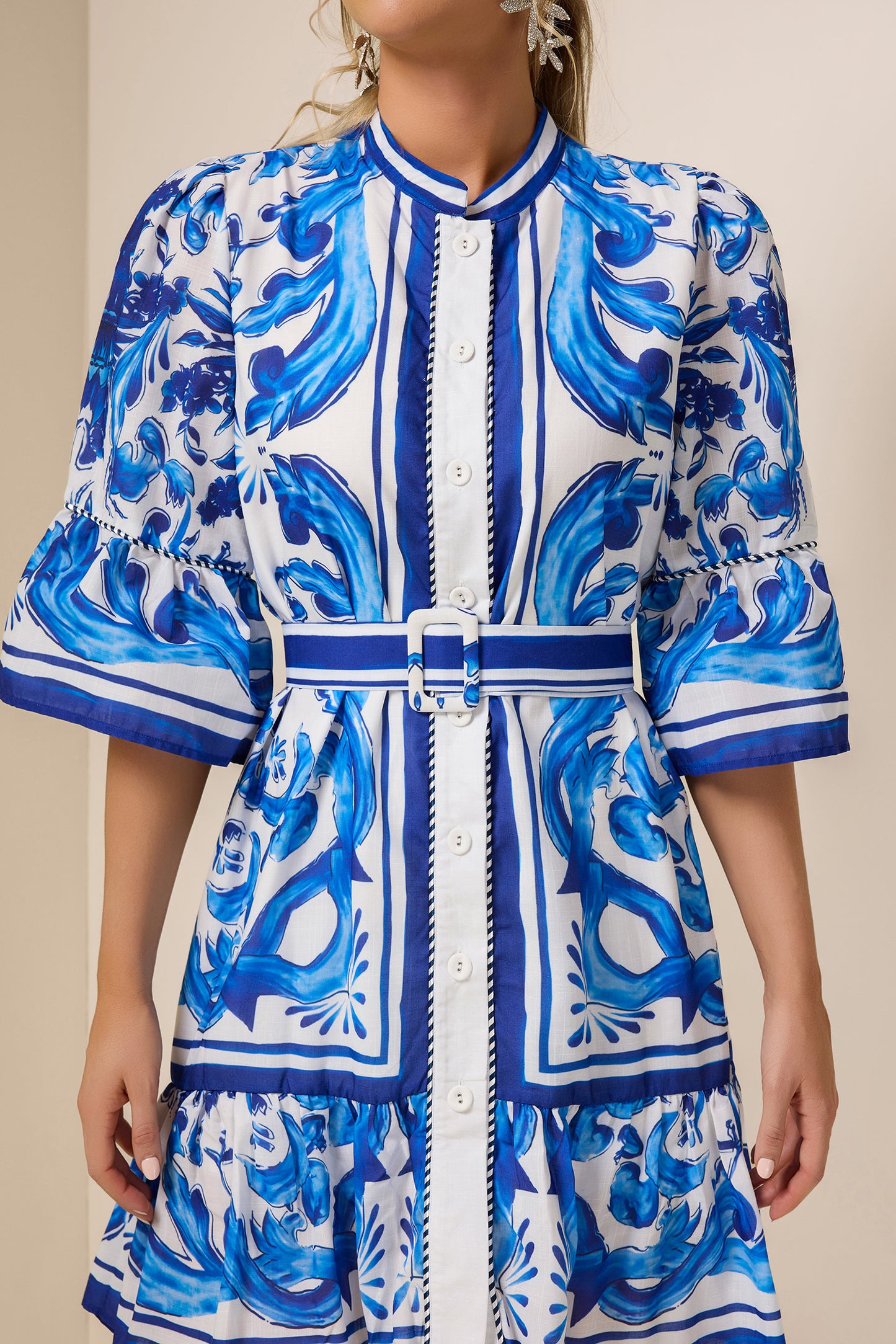 Paisley Print Bell Sleeve Mini Dress With Belt