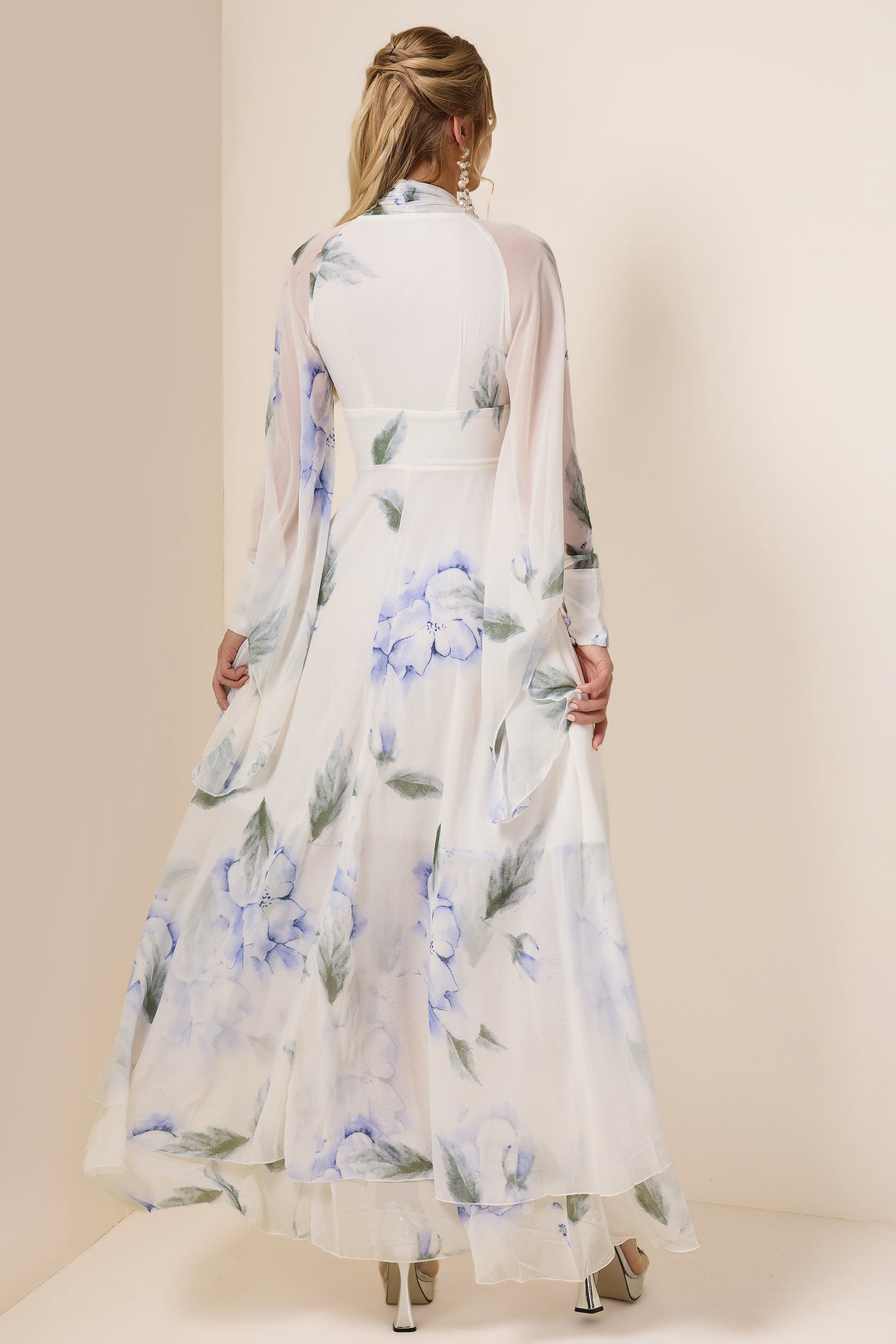 Chiffon Floral Lace Up Maxi Dress