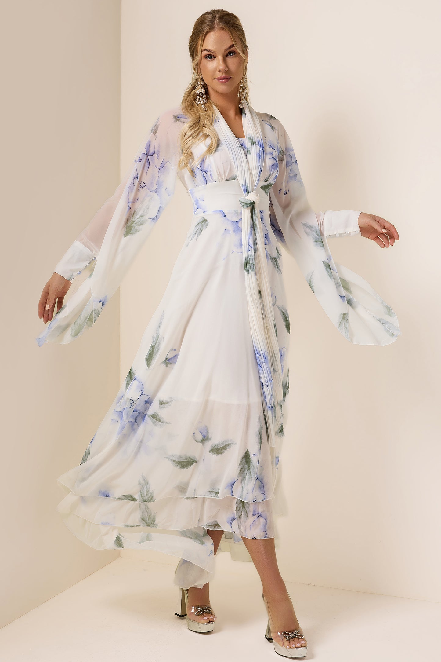 Chiffon Floral Lace Up Maxi Dress