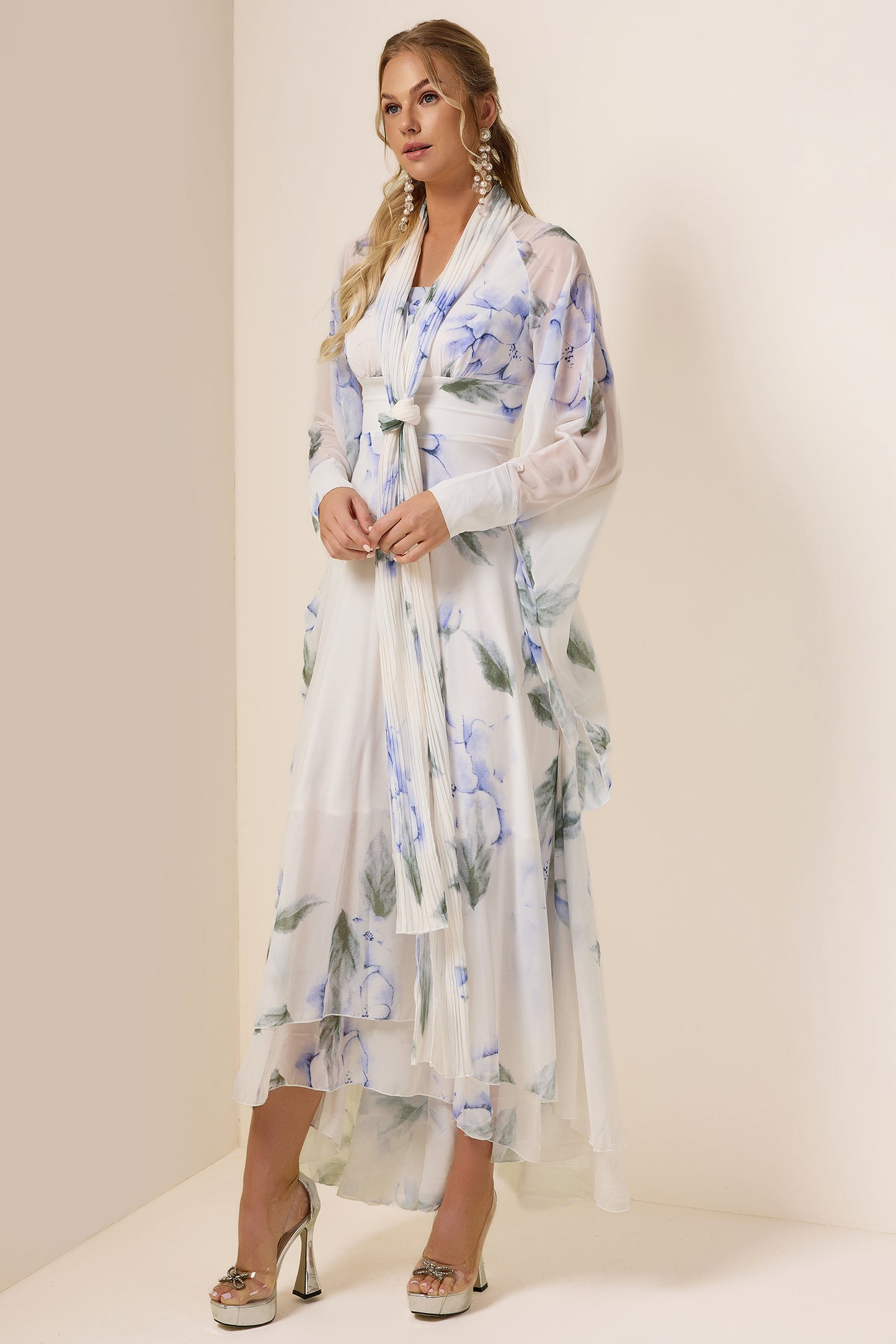 Chiffon Floral Lace Up Maxi Dress