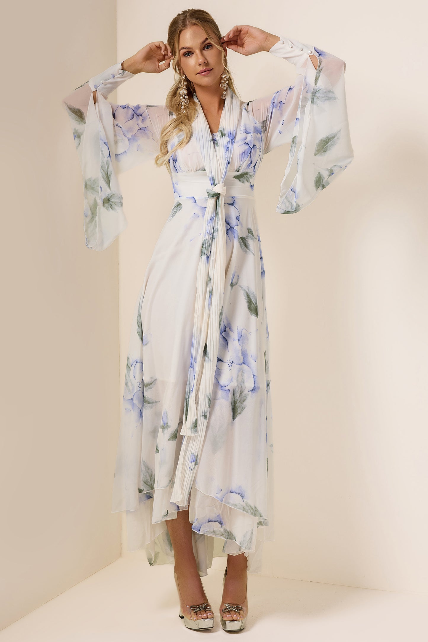 Chiffon Floral Lace Up Maxi Dress