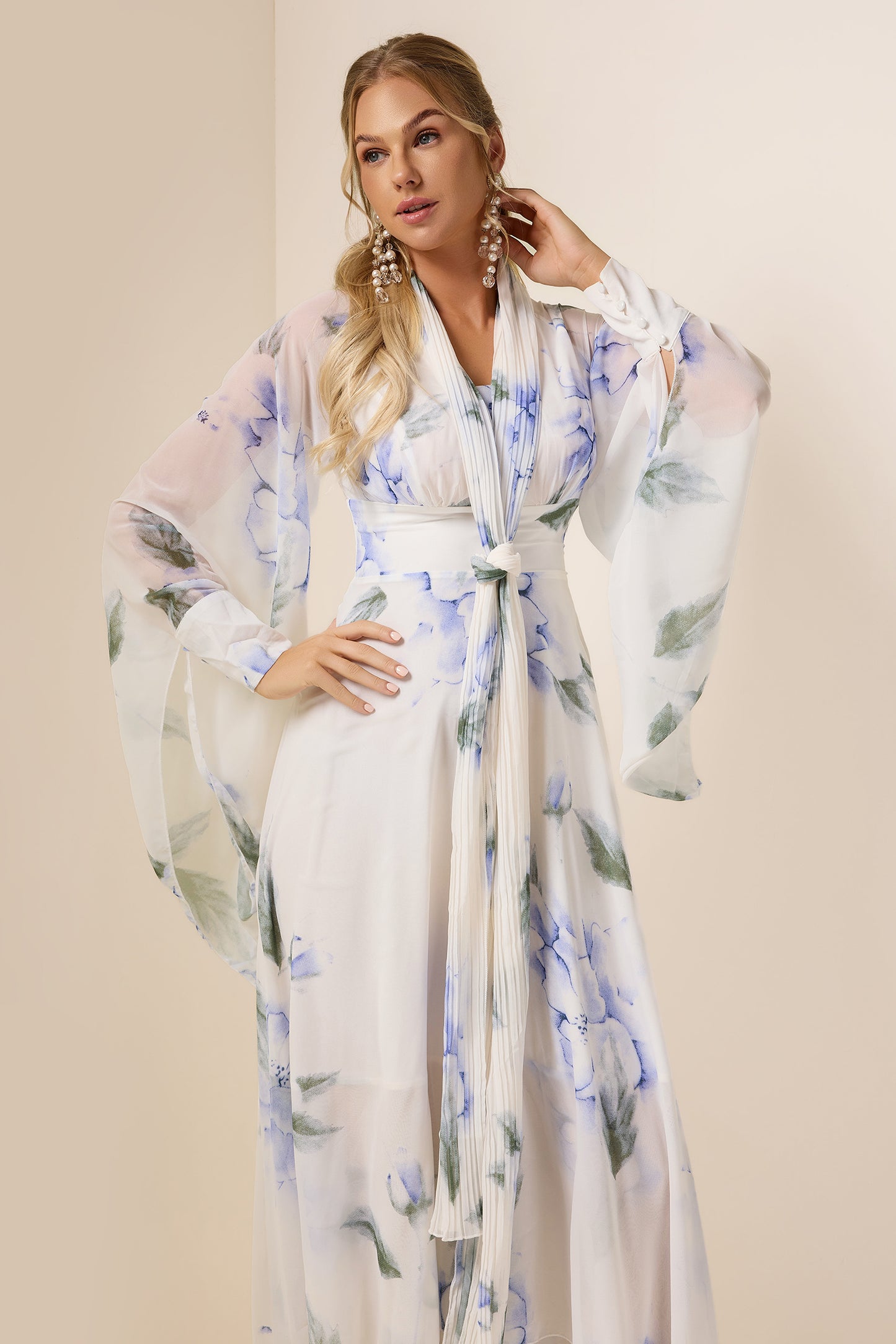Chiffon Floral Lace Up Maxi Dress