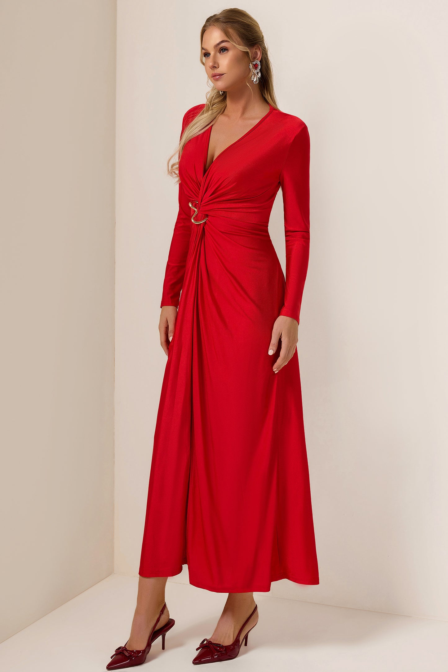 Solid Knotted Jersey Midi Dress