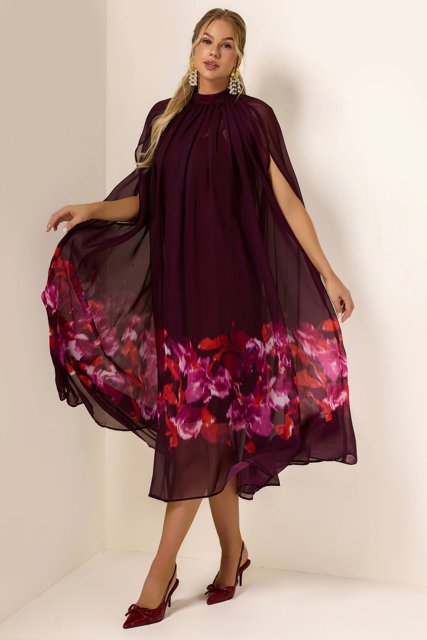 Floral Cape Sleeve Low Neck Maxi Dress