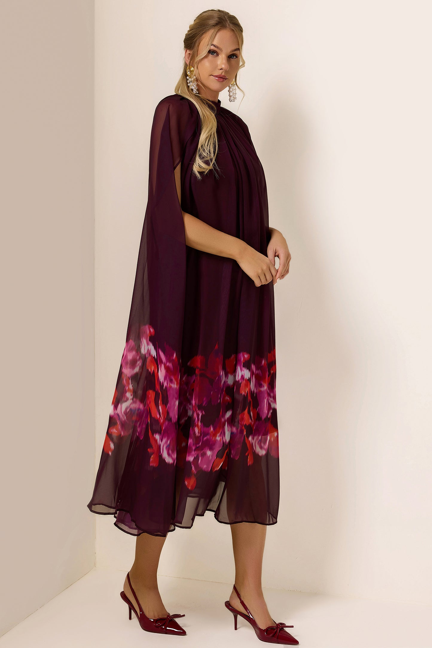 Floral Cape Sleeve Low Neck Maxi Dress