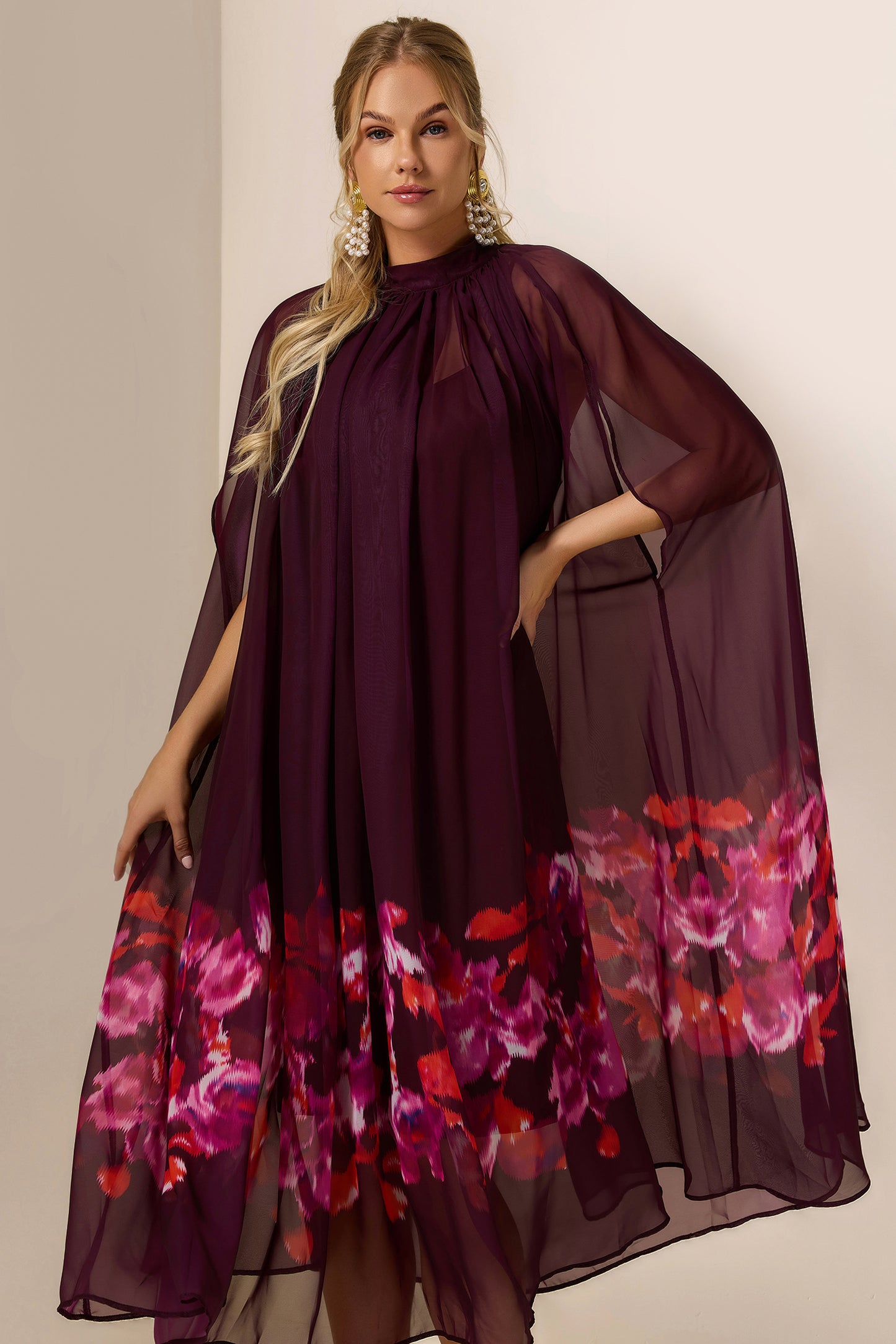 Floral Cape Sleeve Low Neck Maxi Dress