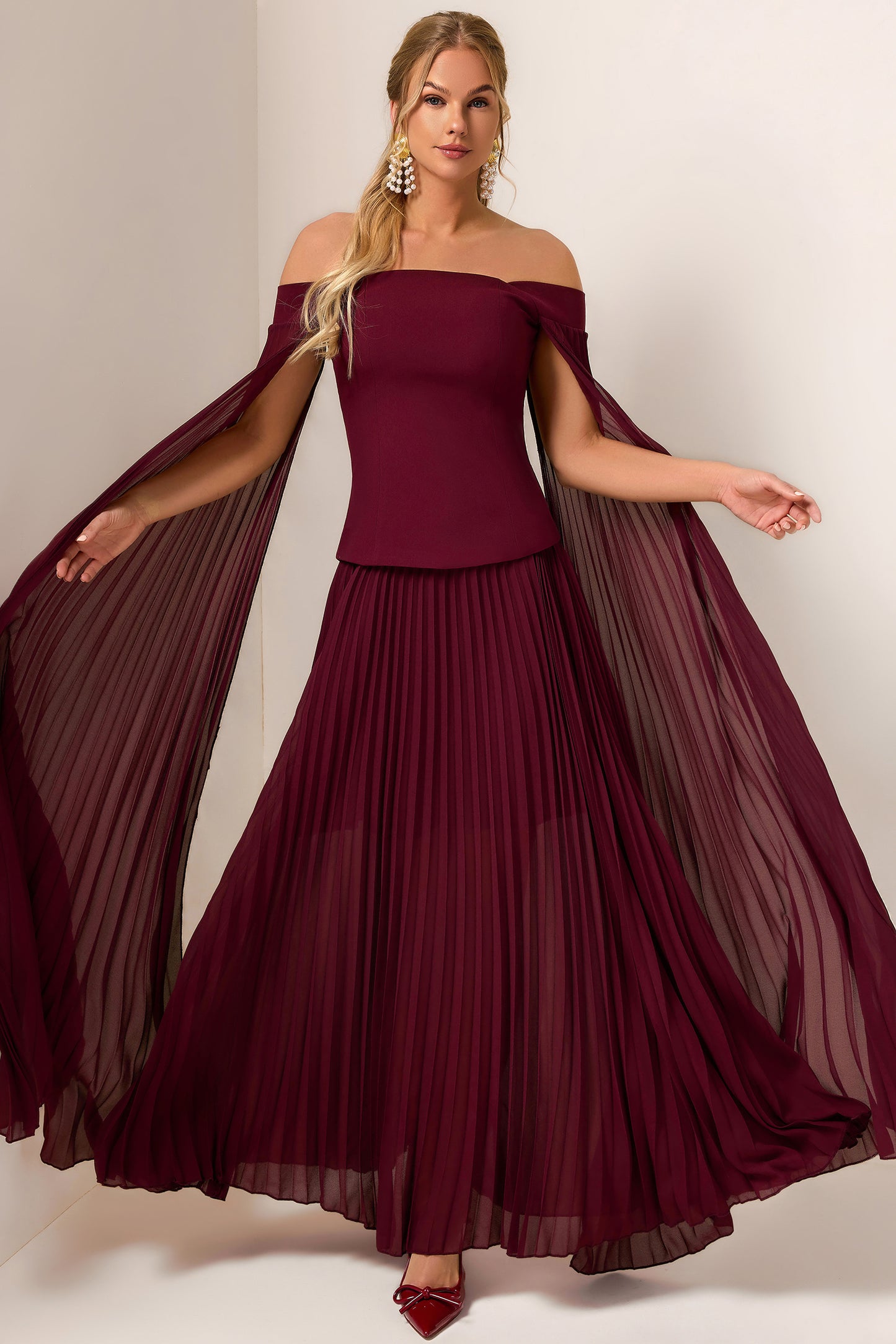 Solid Cape Sleeve Top & Pleat Maxi Skirt Set