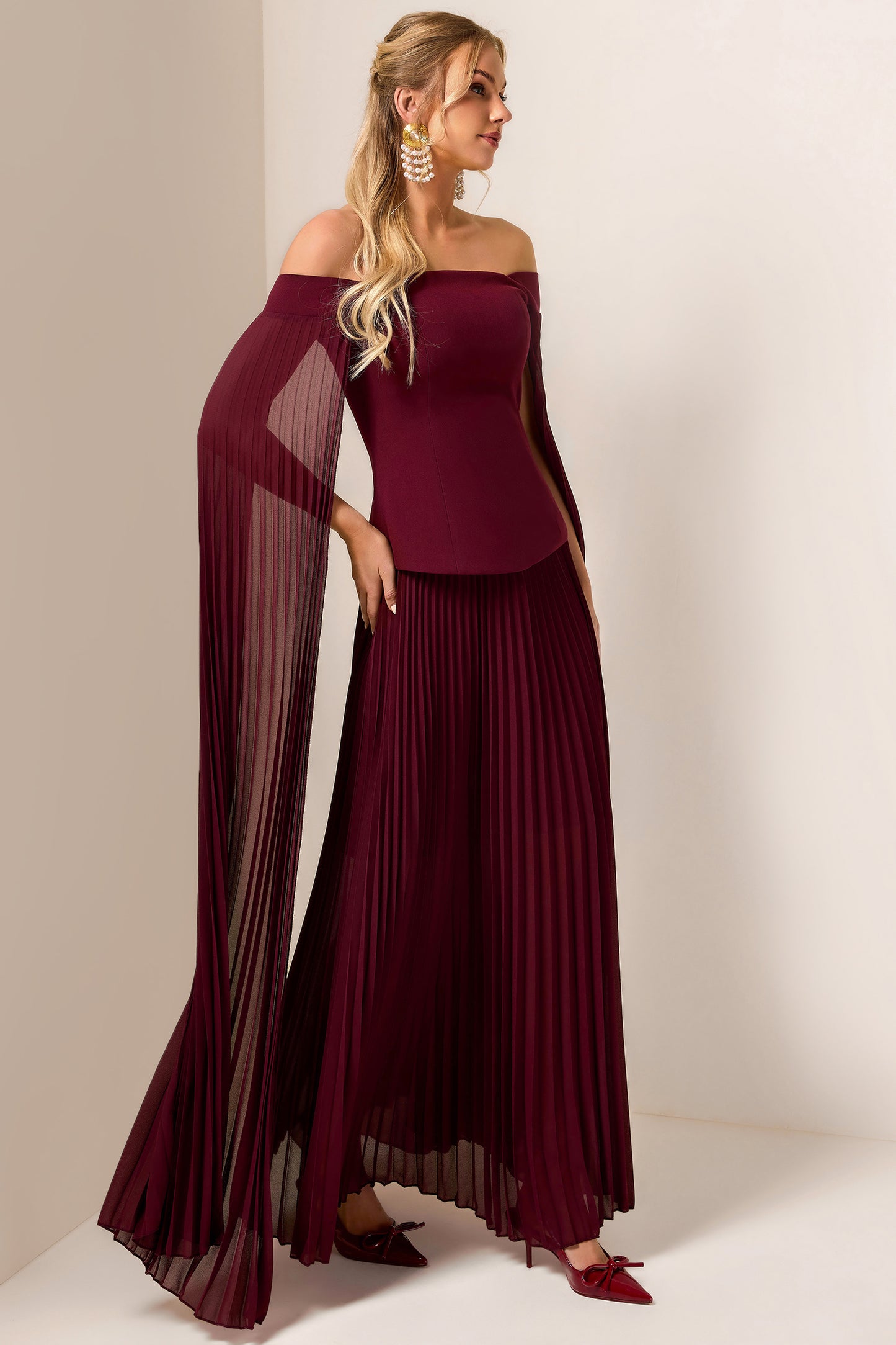 Solid Cape Sleeve Top & Pleat Maxi Skirt Set