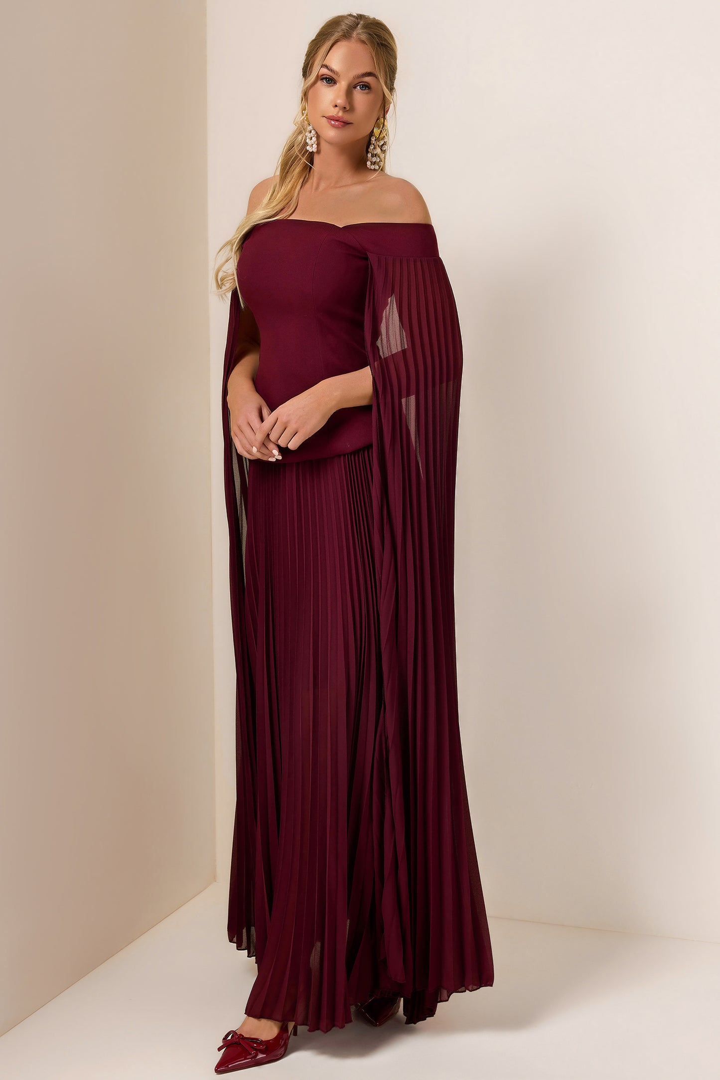 Solid Cape Sleeve Top & Pleat Maxi Skirt Set