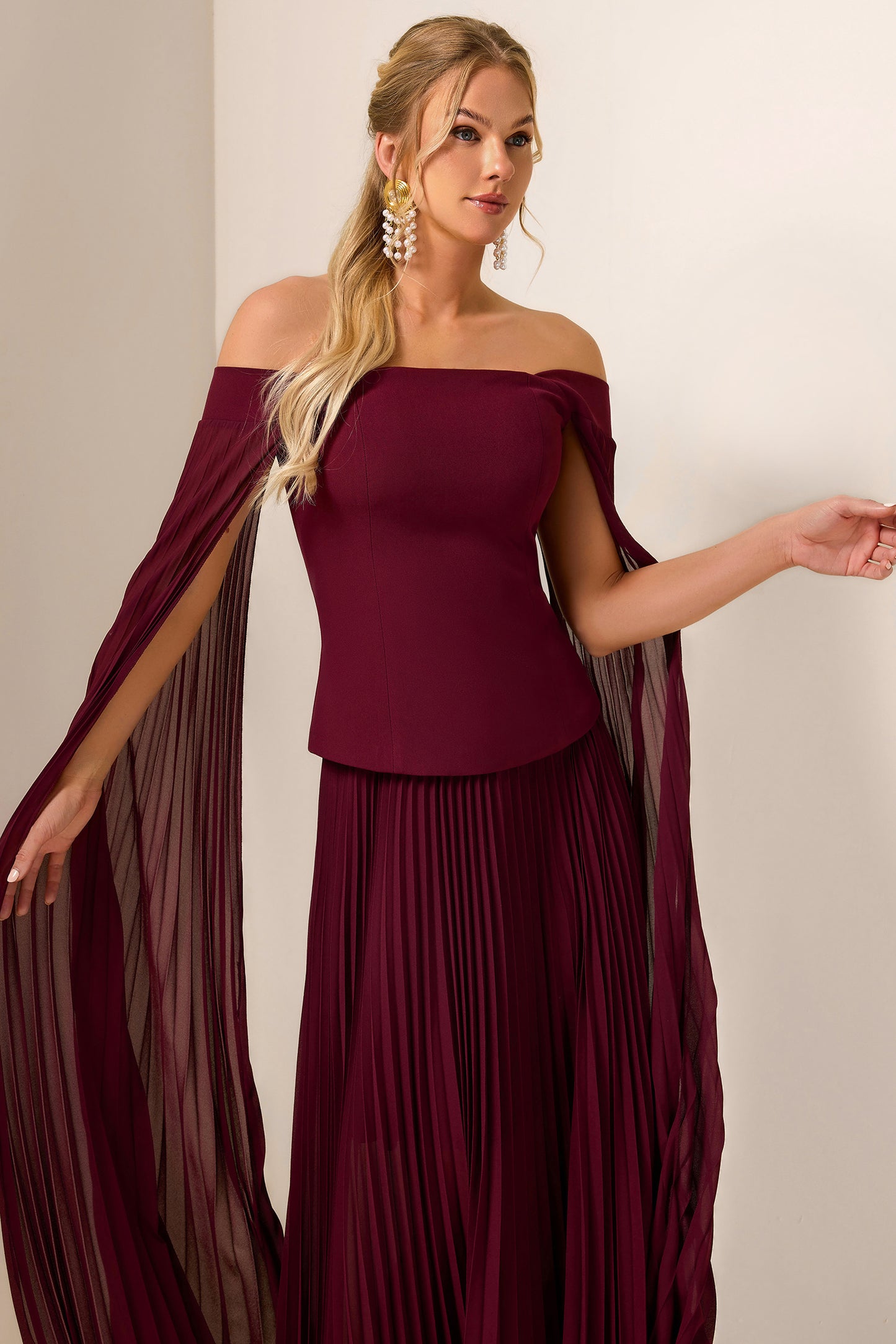 Solid Cape Sleeve Top & Pleat Maxi Skirt Set