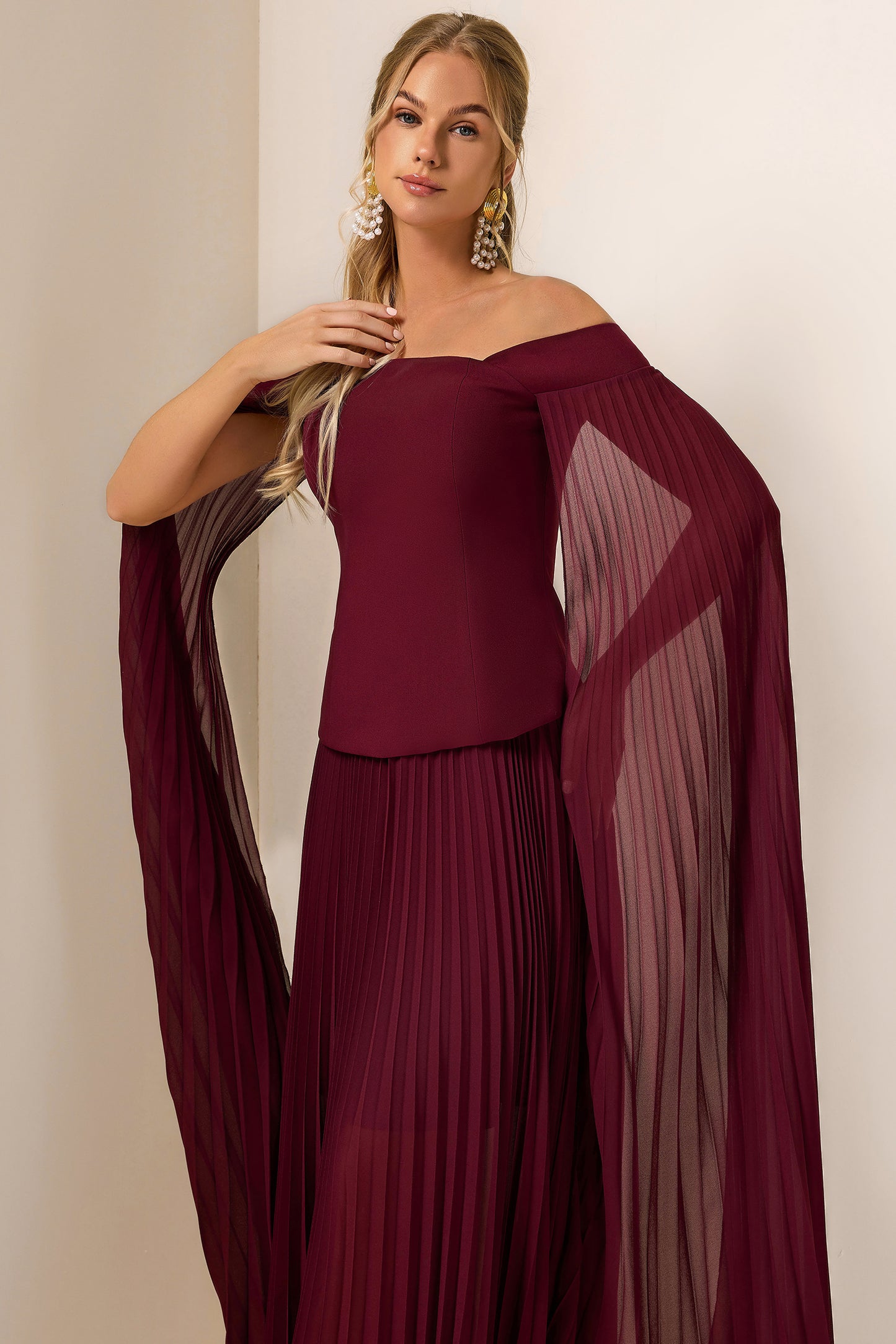 Solid Cape Sleeve Top & Pleat Maxi Skirt Set