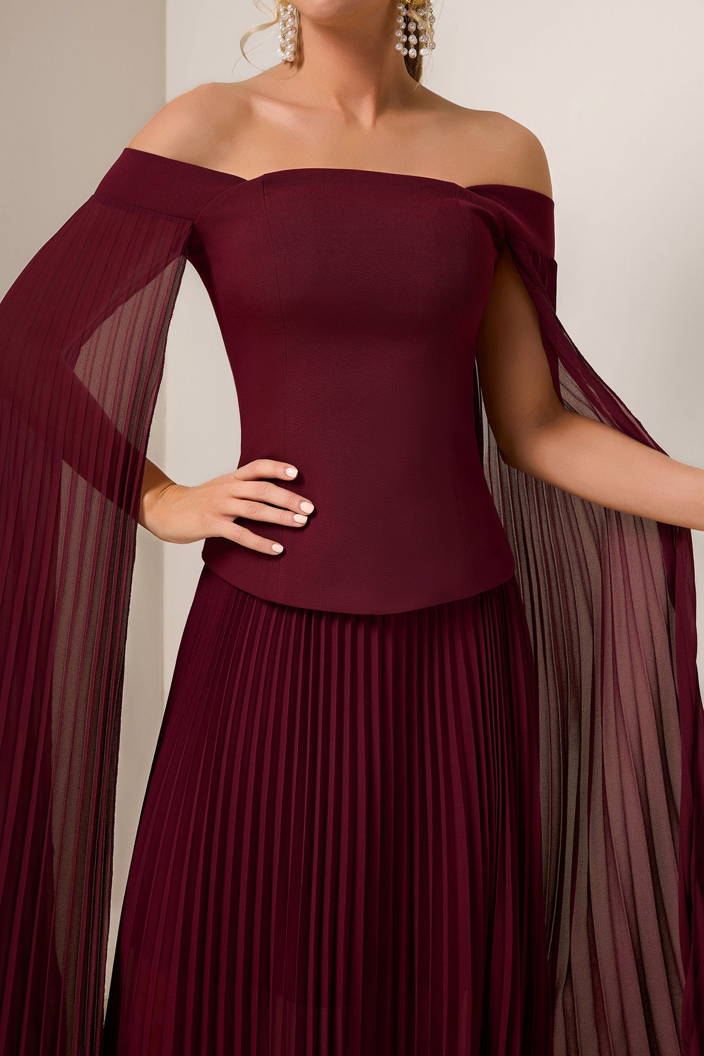 Solid Cape Sleeve Top & Pleat Maxi Skirt Set