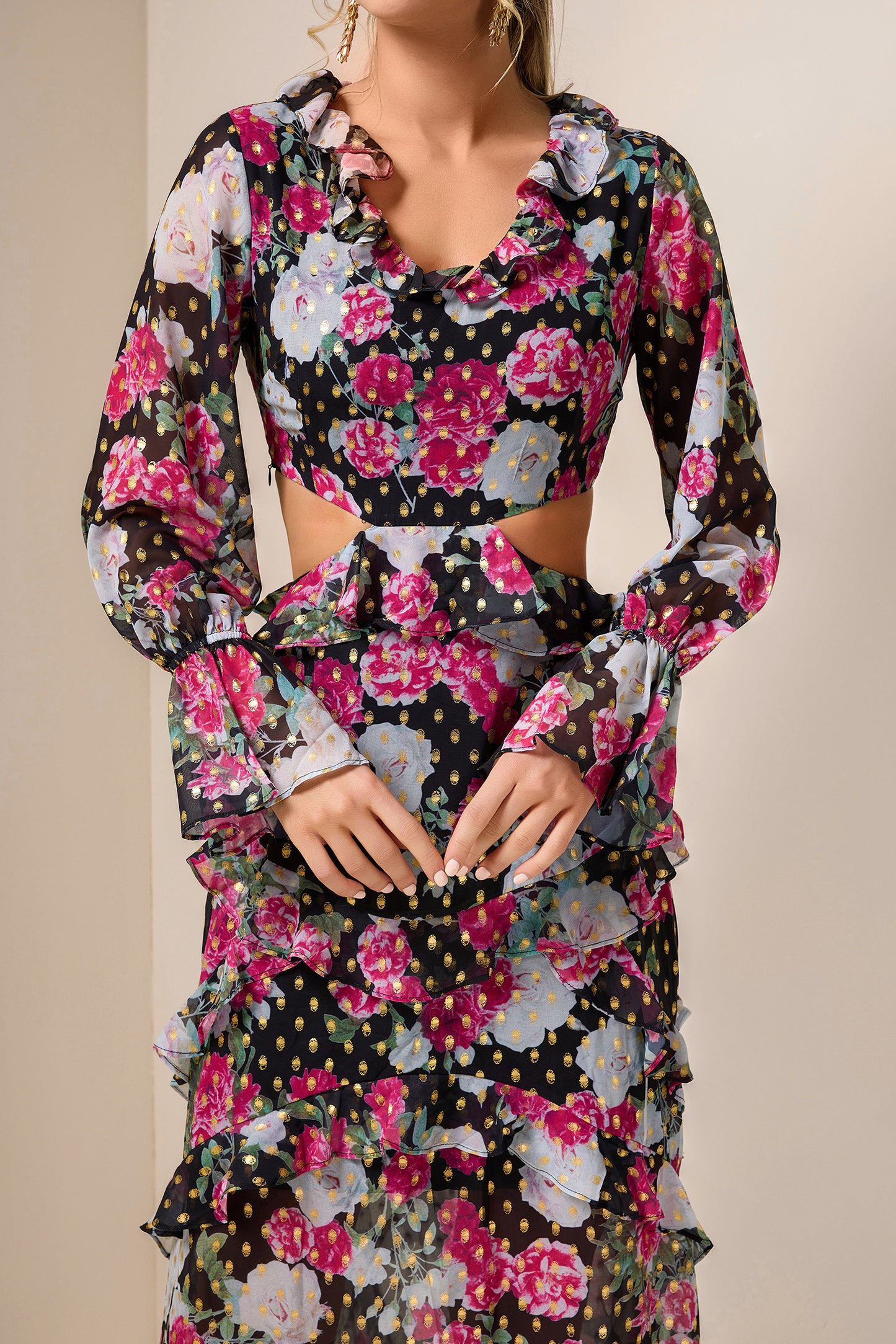 Floral Gold Foil Stamping Frill Midi Dress