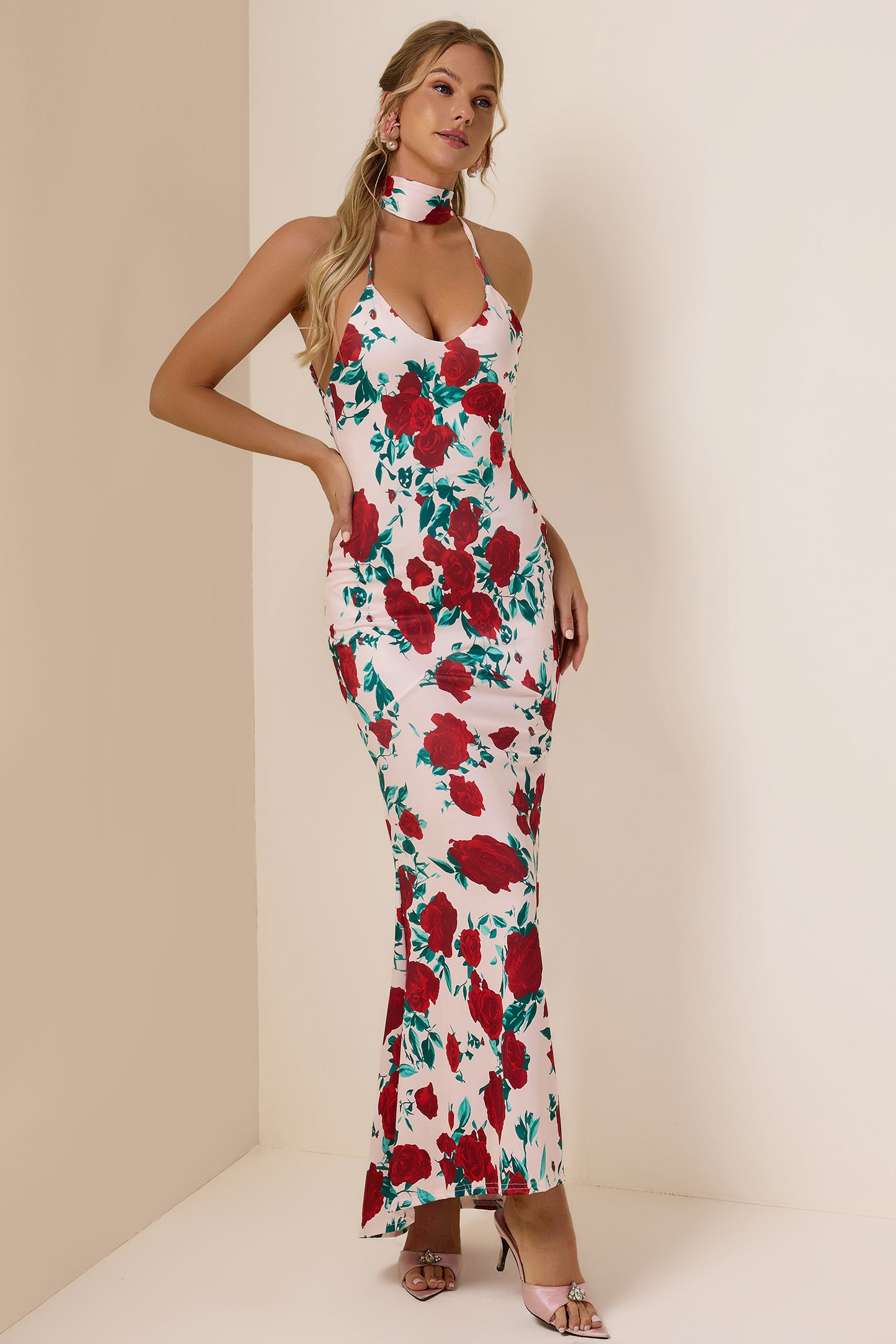 Chiffon Floral Plunge Maxi Dress