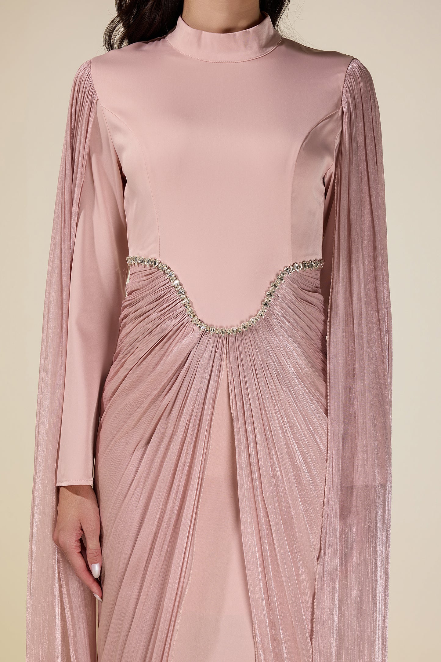Satin Cape Sleeve Rhinestone Maxi Dress