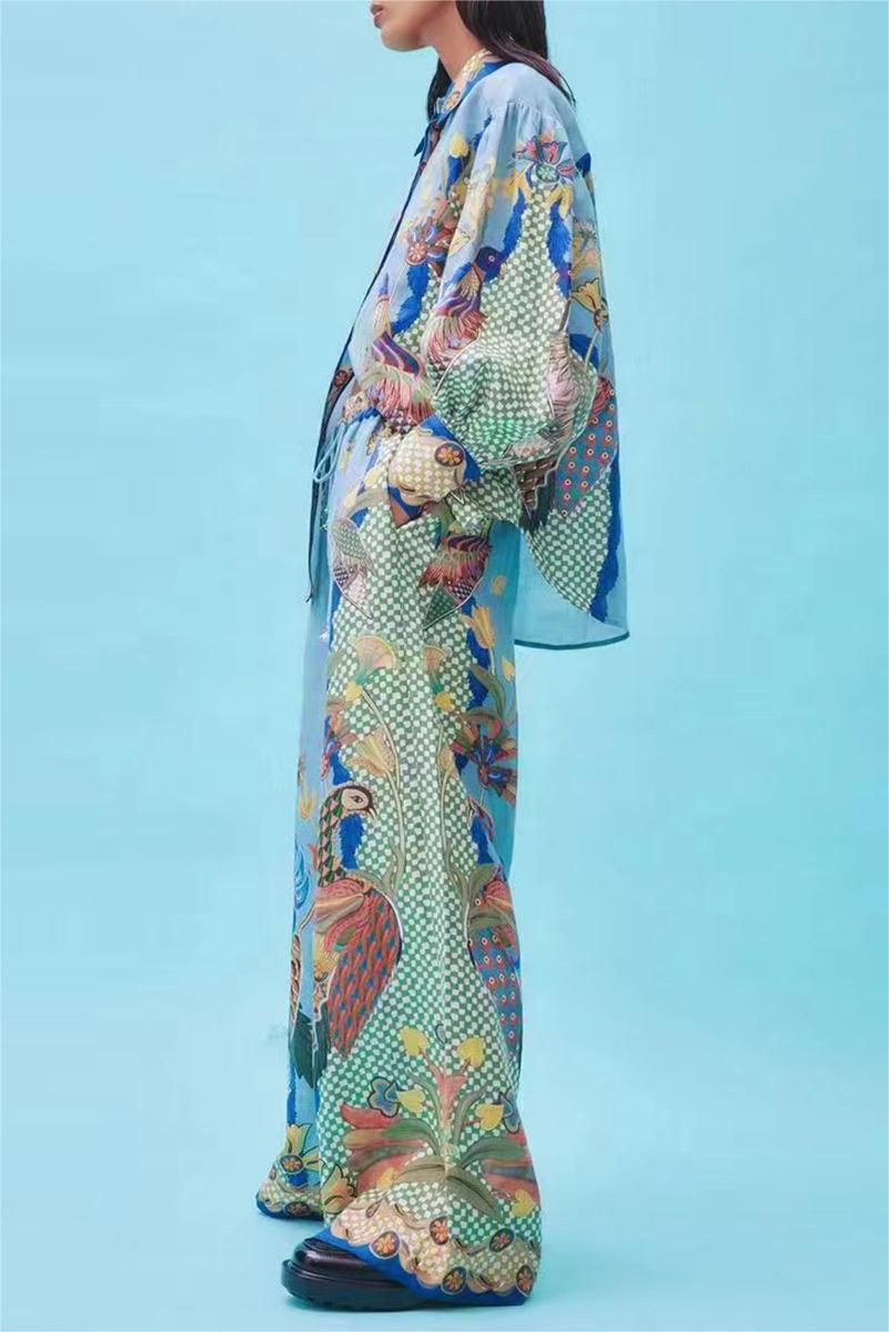 Boho Lantern Sleeve Lapel Buckle Pants Set